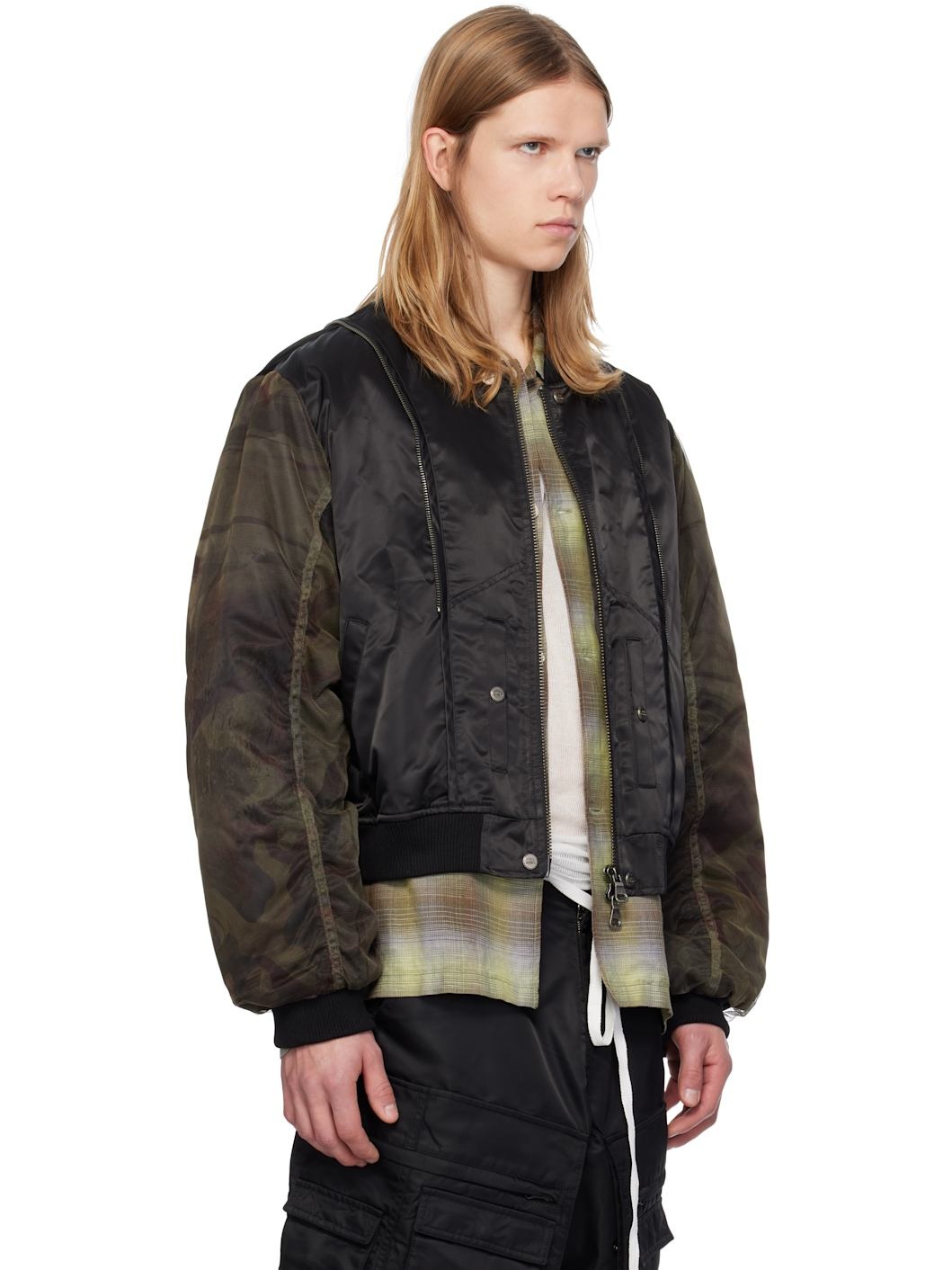 Black Mesh Sleeve Bomber Jacket - 2