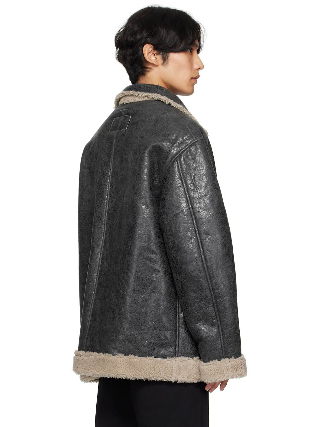 Black & Beige Crackled Reversible Shearling Jacket - 3