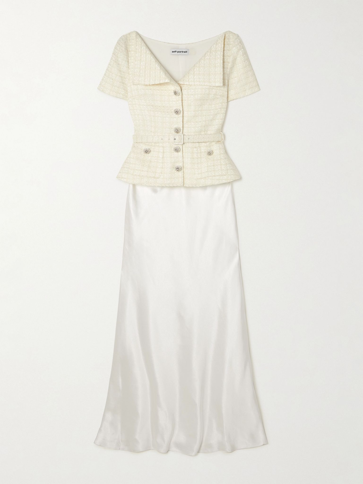 Belted embellished bouclé and satin maxi dress Cream - 1