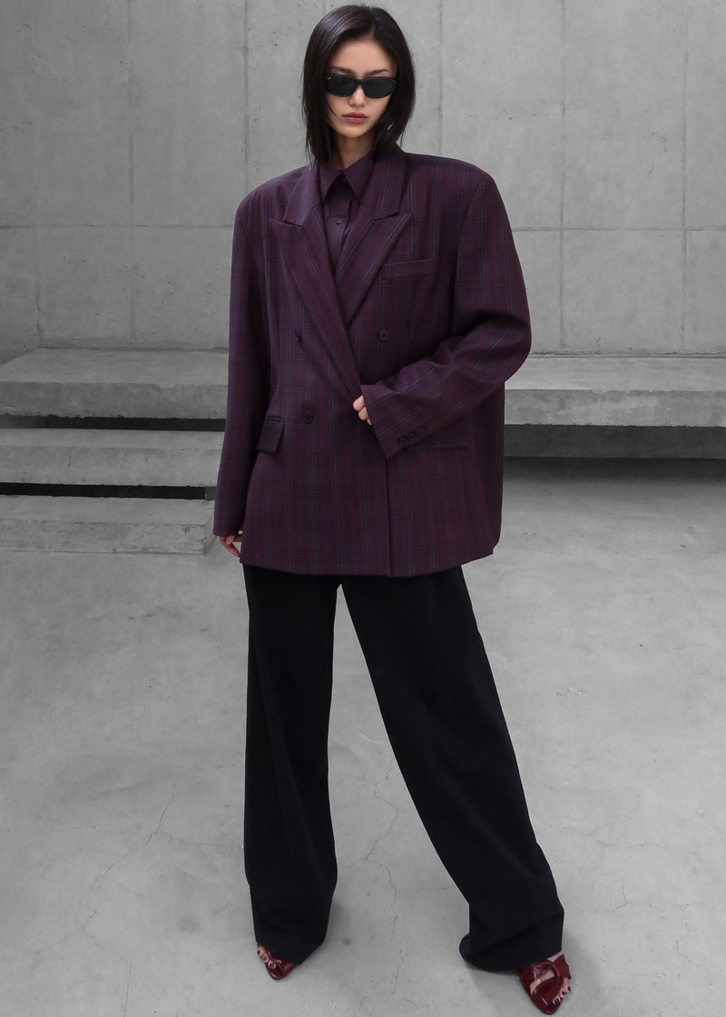 Dinant Padded Double-Breasted Blazer - Burgundy Plaid 10