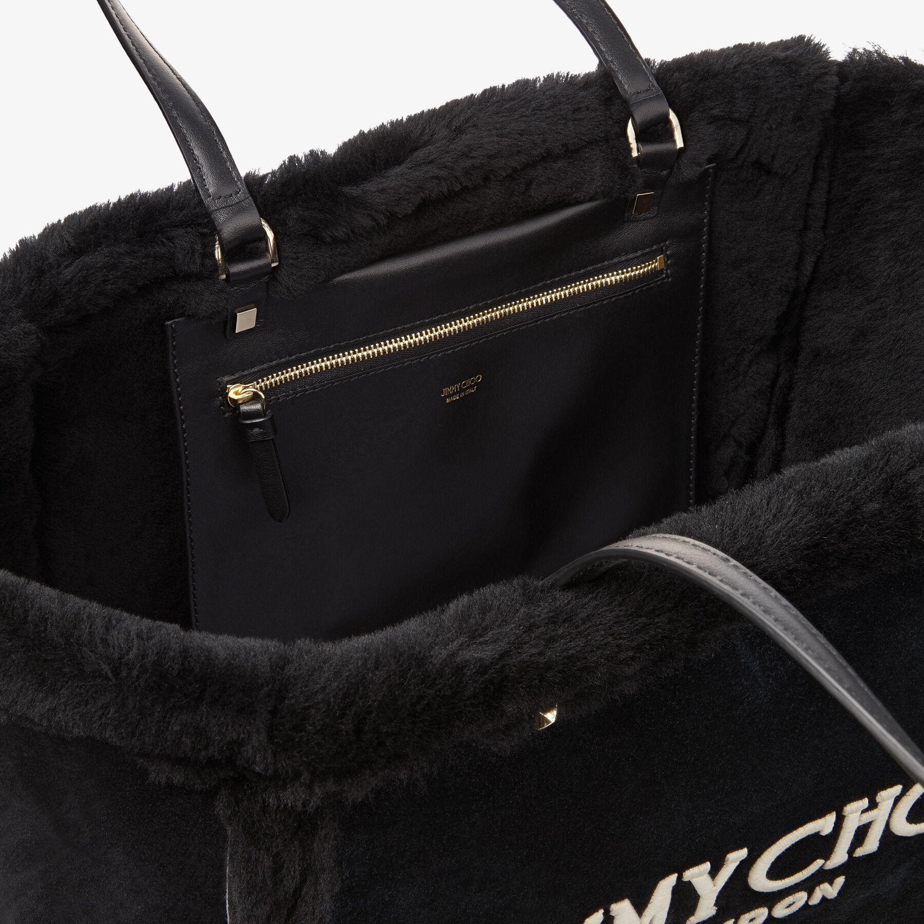 Avenue Tote Bag
Black Suede and Shearling Tote Bag with Jimmy Choo Embroidery - 4