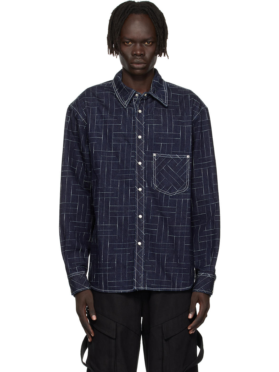 Navy Kenzo Paris 'KENZO Weave' Denim Shirt - 1