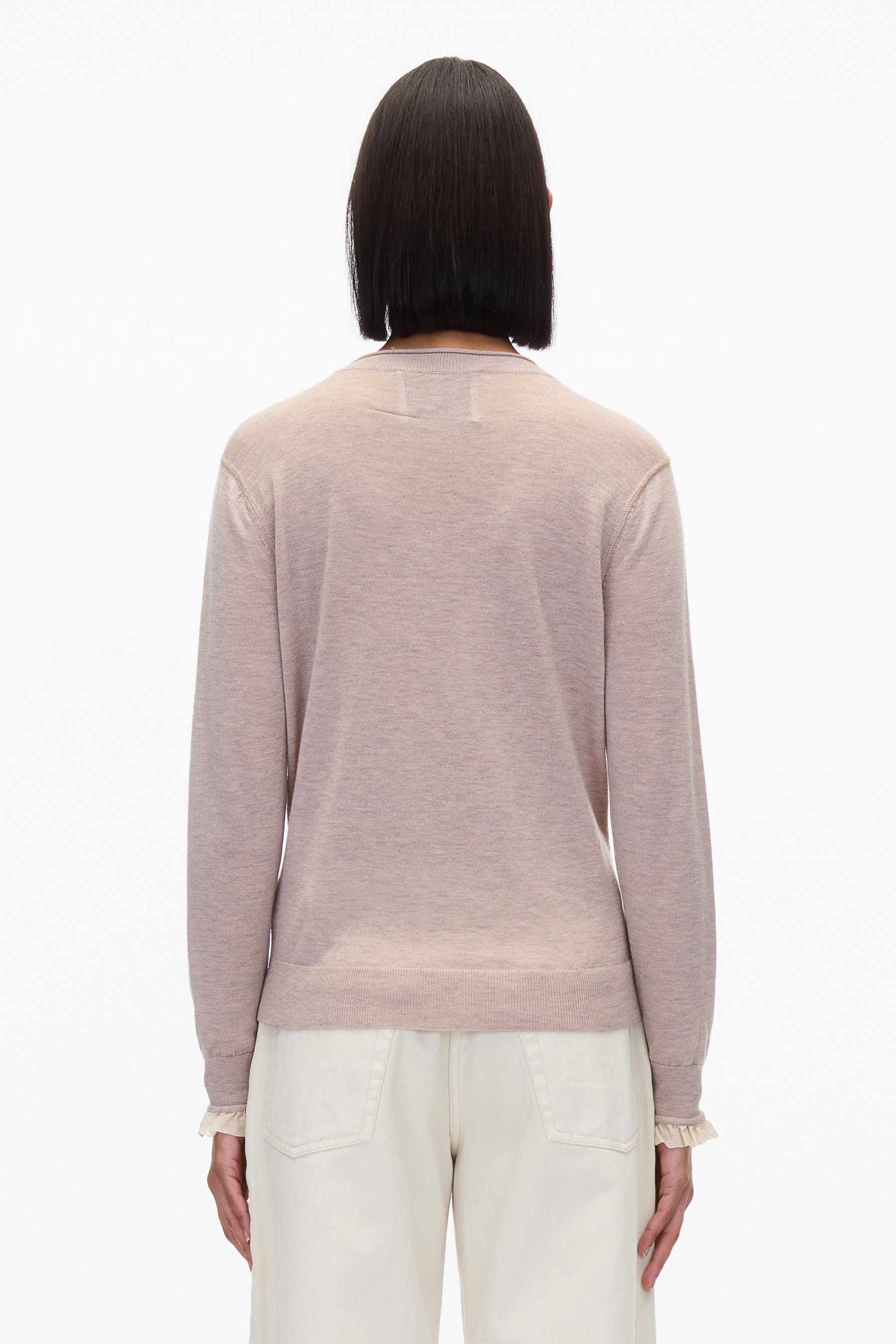 Layered Wool Silk Crew Sweater w Chiffon Cuff - 4