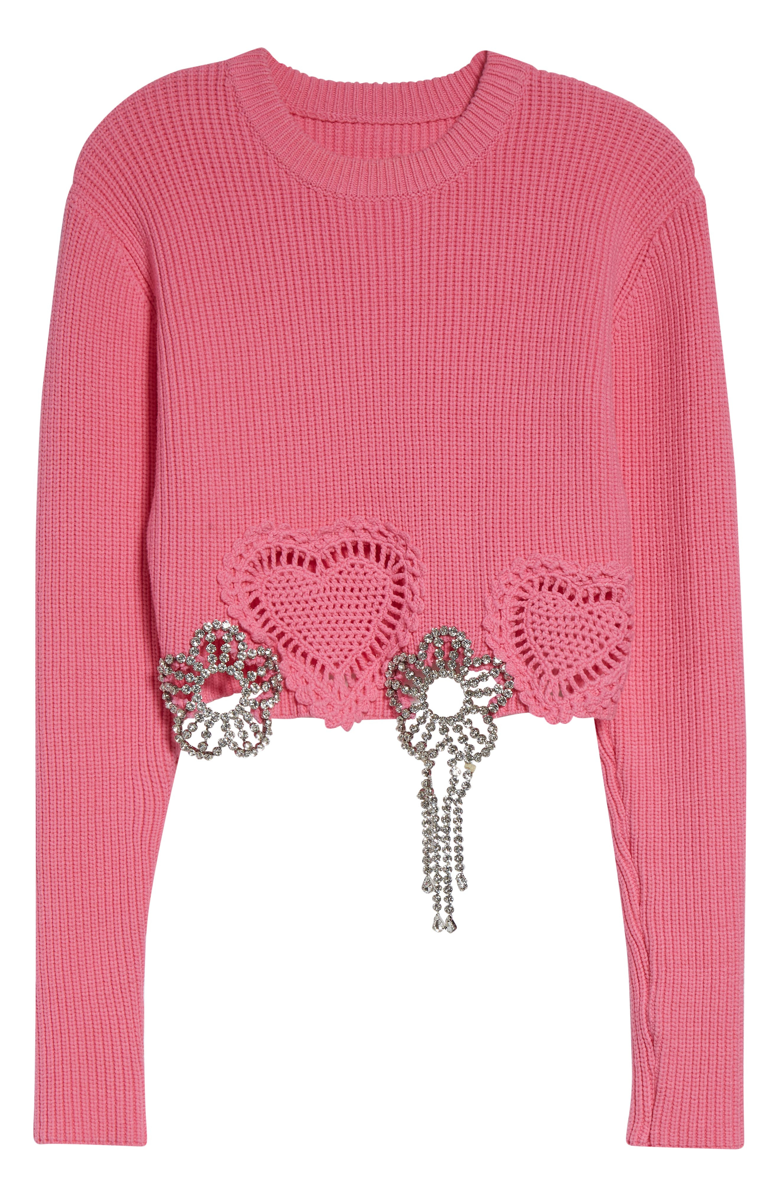 Area Crystal Flower & Crochet Heart Appliqué Crop Rib Sweater in Fuchsia at Nordstrom - 6