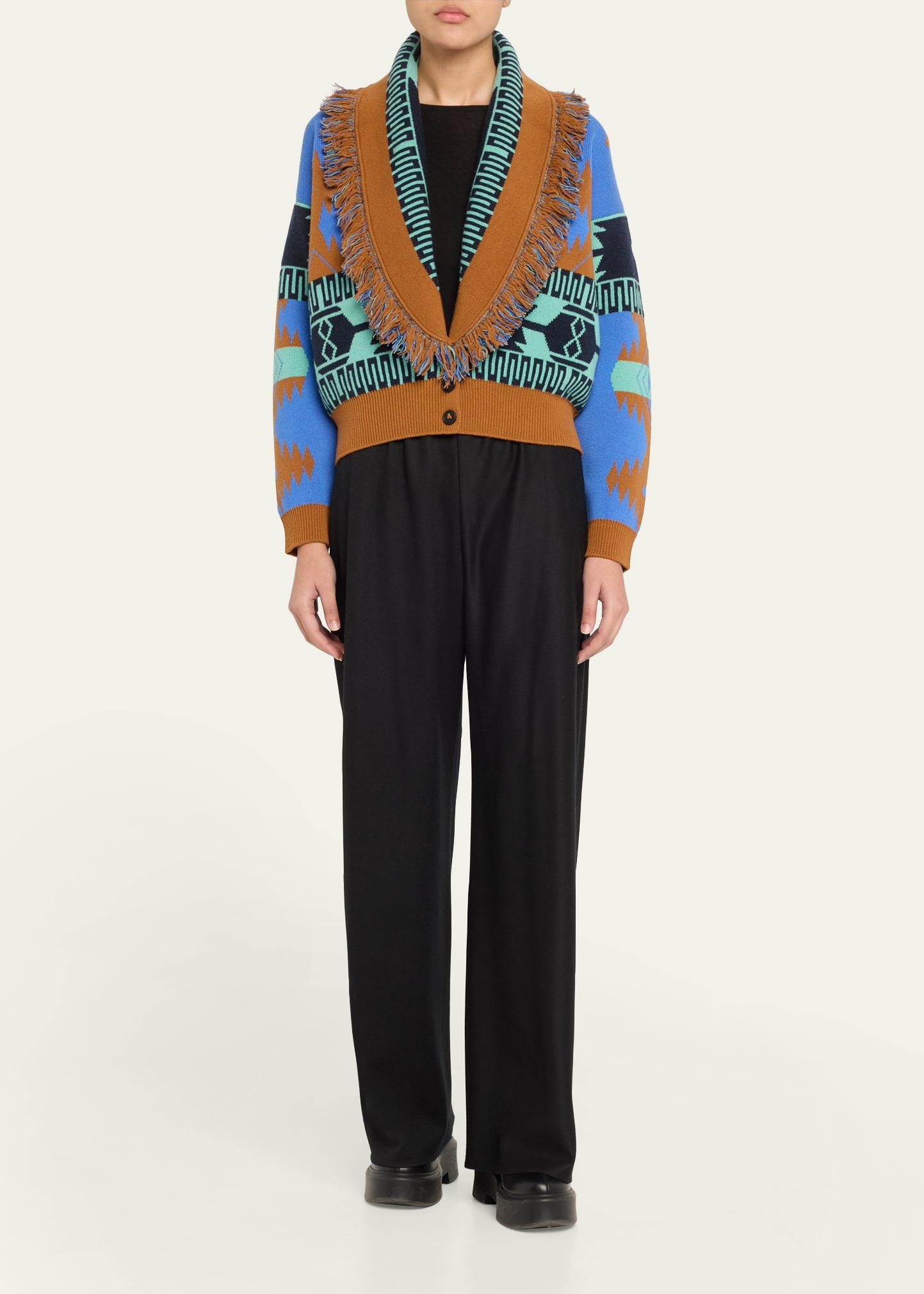 Icon Jacquard Fringe Wool Cashmere Bomber Cardigan - 2