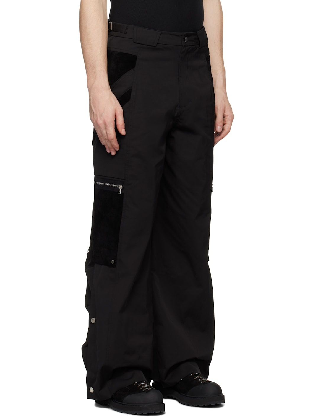 Black Snapped Hem Cargo Pants - 2
