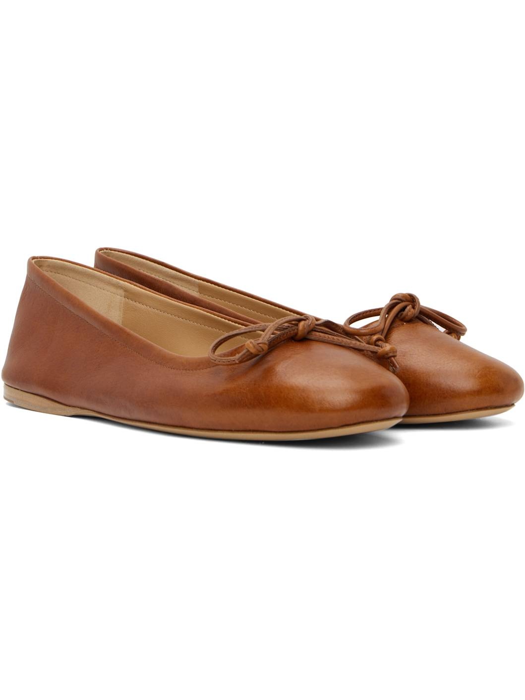 Tan Round-Toe Leather Ballerina Flats - 4