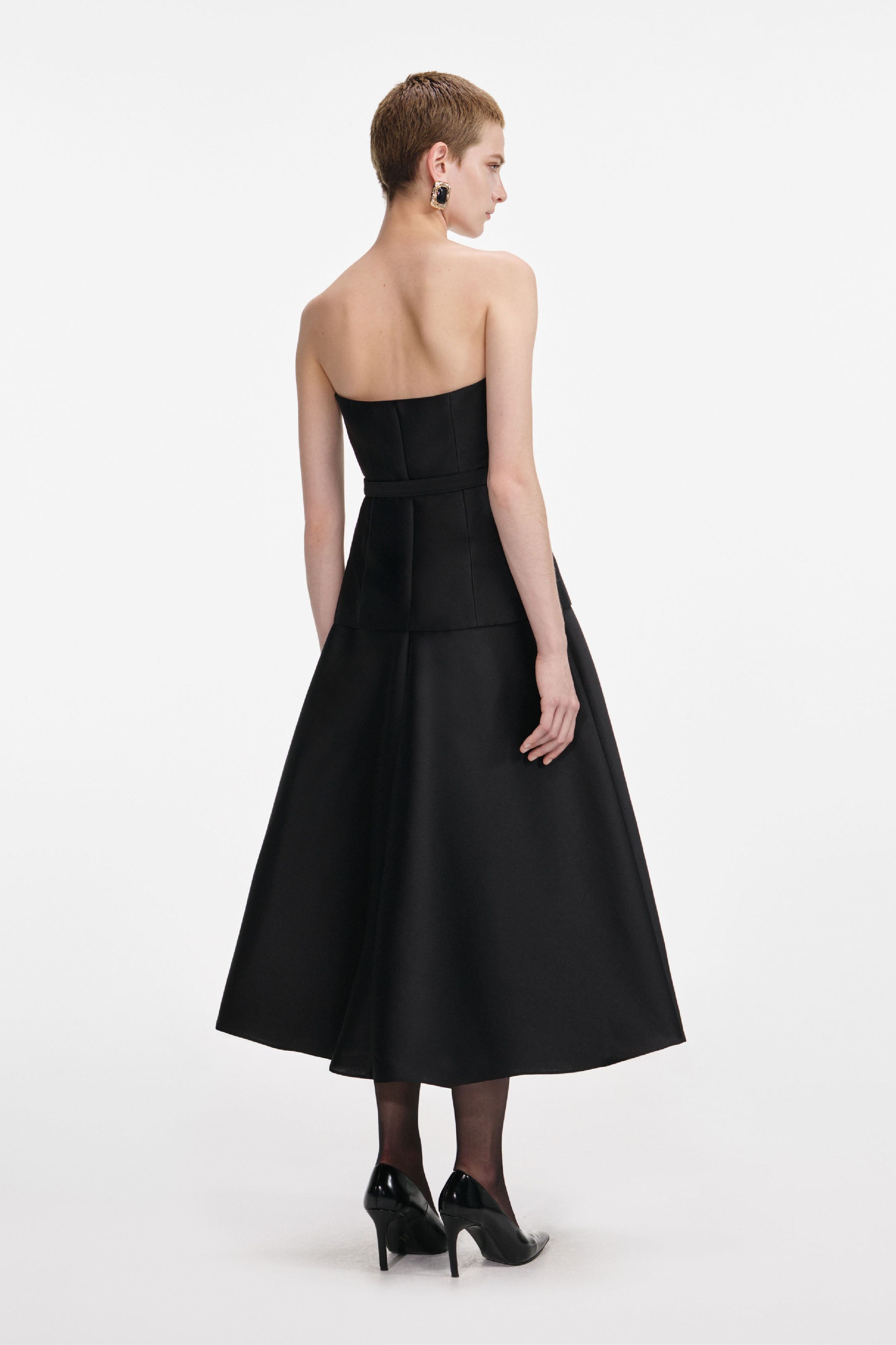 BLACK TAFFETA BANDEAU MIDI DRESS - 3