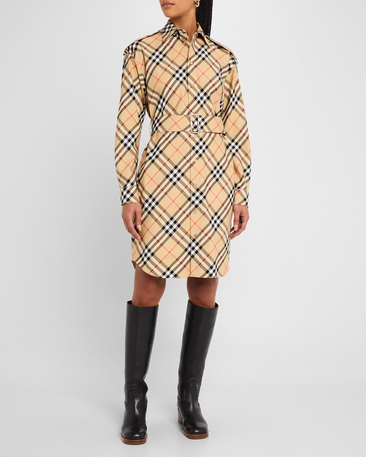 Check Belted Long-Sleeve Shirtdress - 4