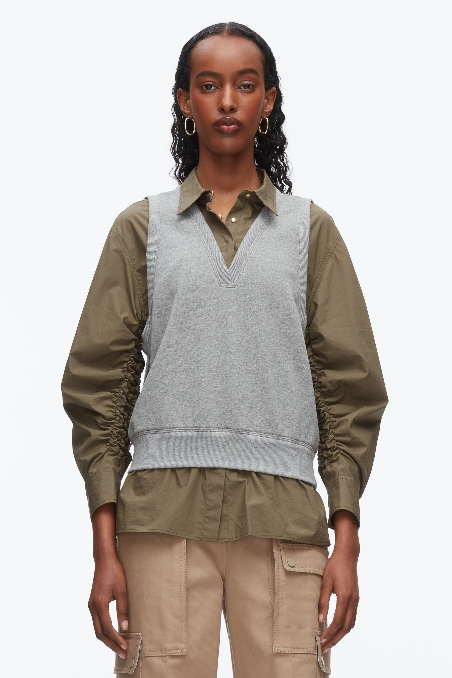 Layered Vest Ruched Sleeve Shirt - 3