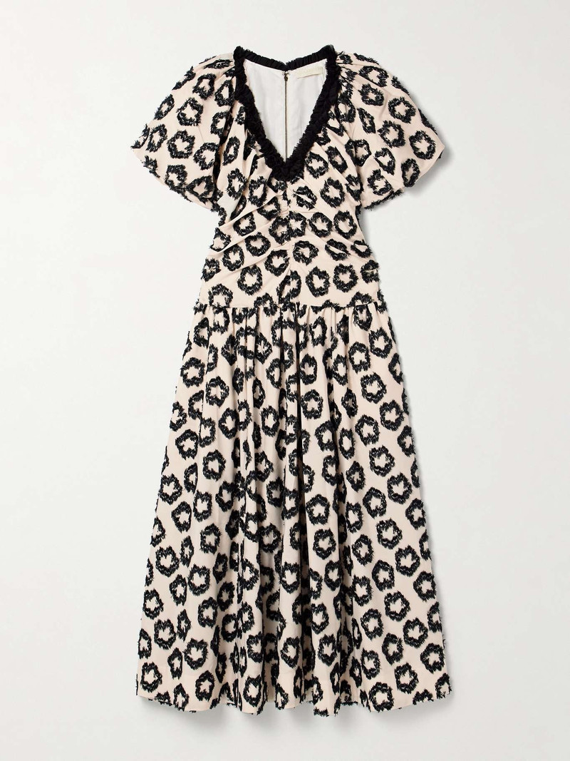 Violeta chiffon-trimmed ruched fil coupé recycled-faille midi dress - 1