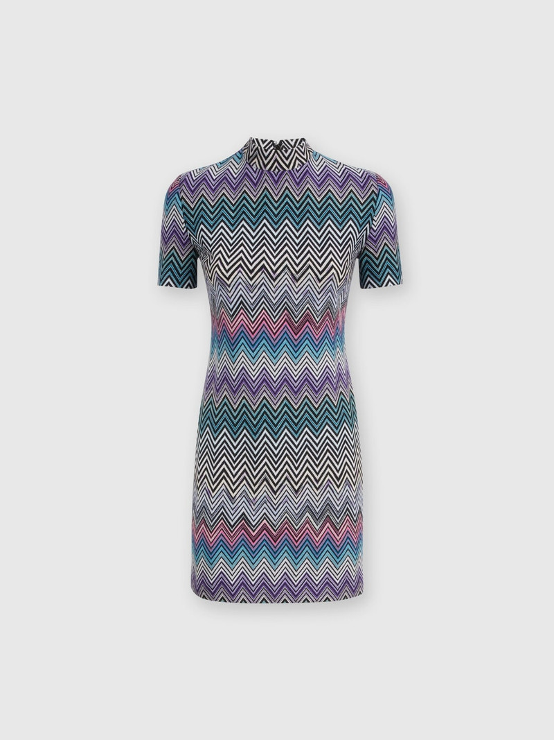Short-sleeved mini-dress in zigzag wool - 1