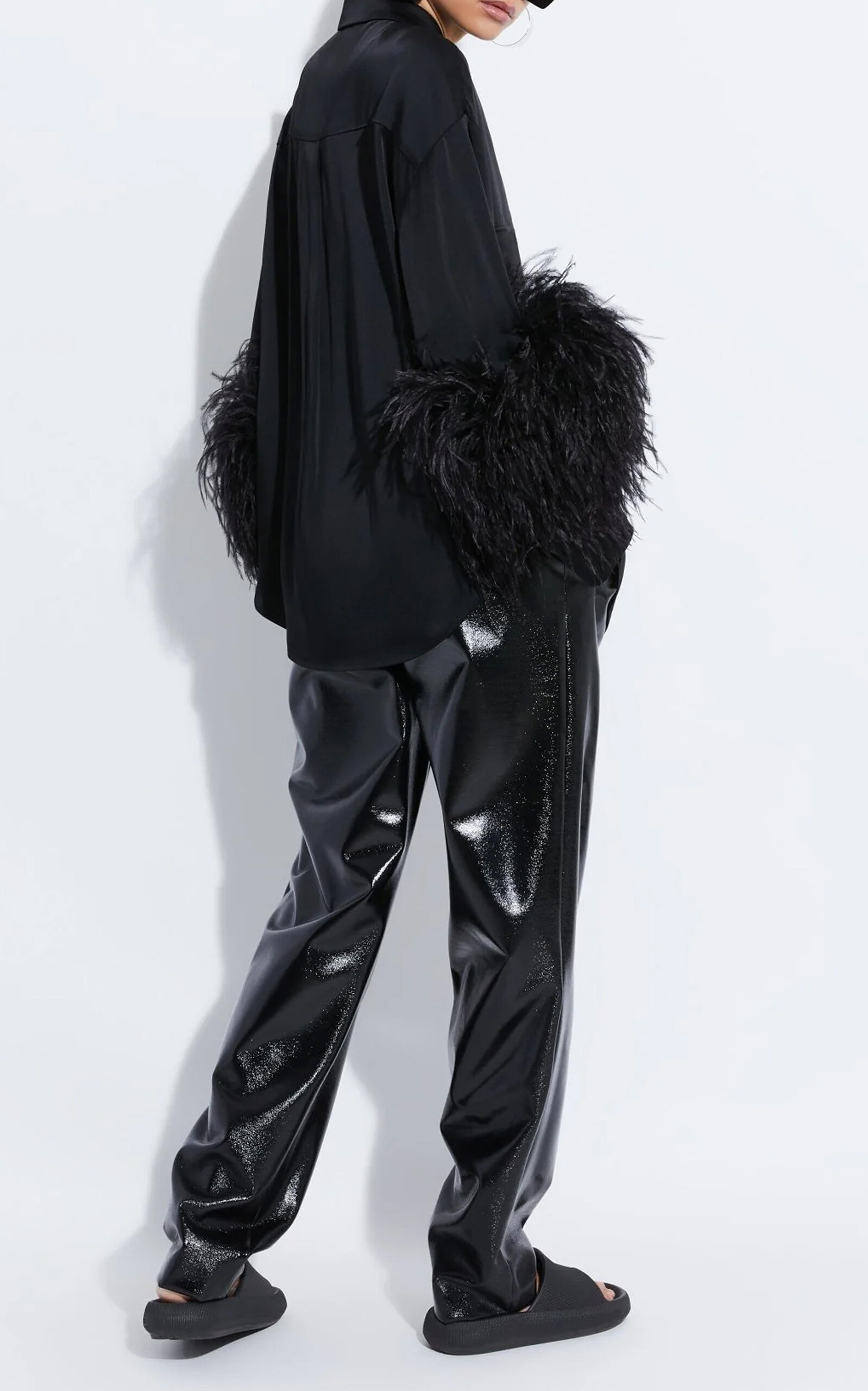 Oversized Satin Button Down with Feathers black - 3