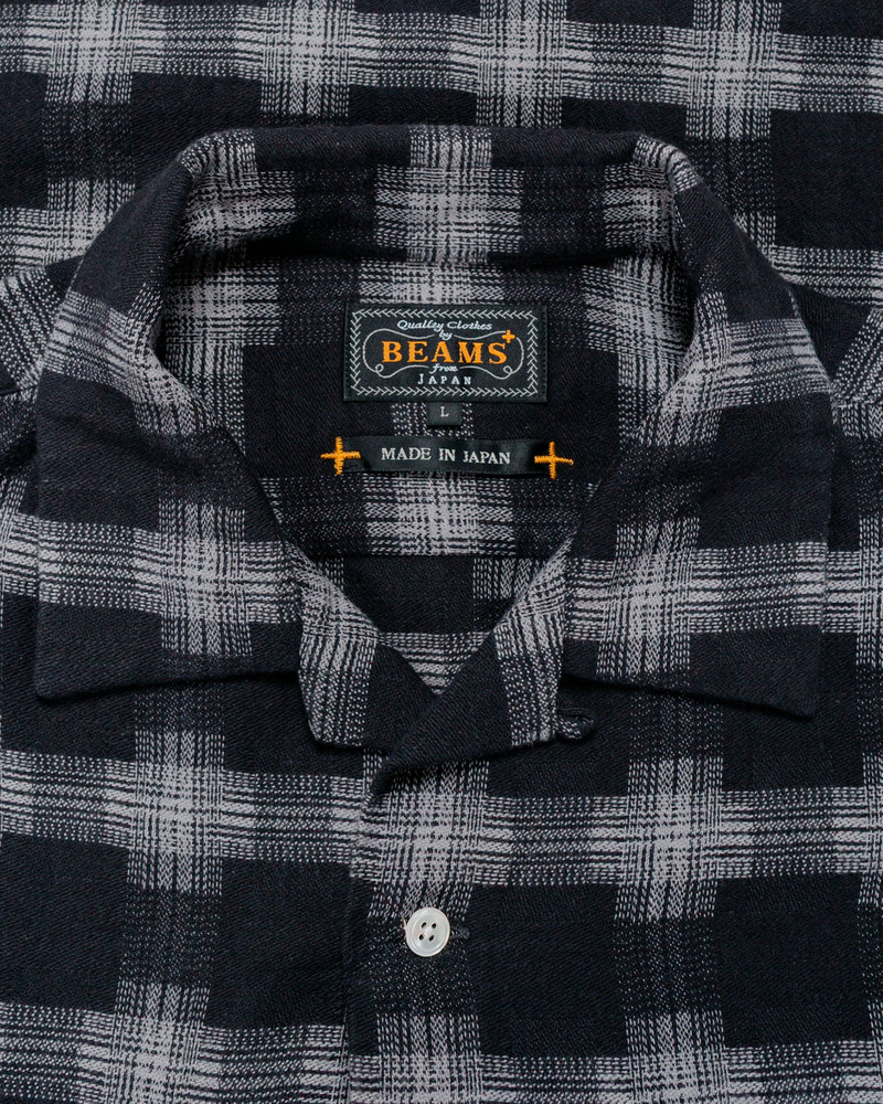 BEAMS PLUS Open Collar Brushed Satin Plaid Black outlook