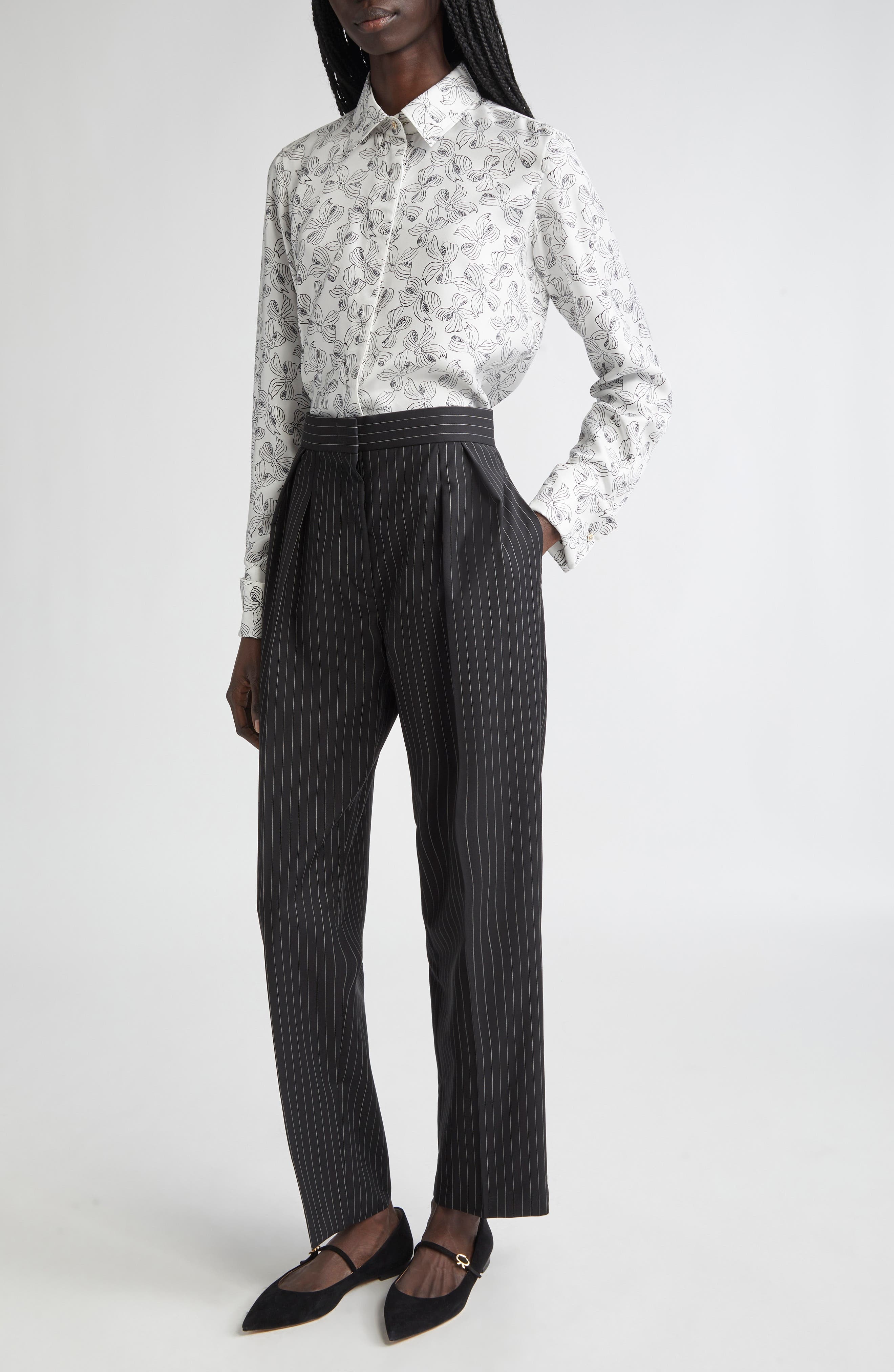 Max Mara Sesamo Pinstripe Wool Straight Leg Pants in Black/White at Nordstrom - 2