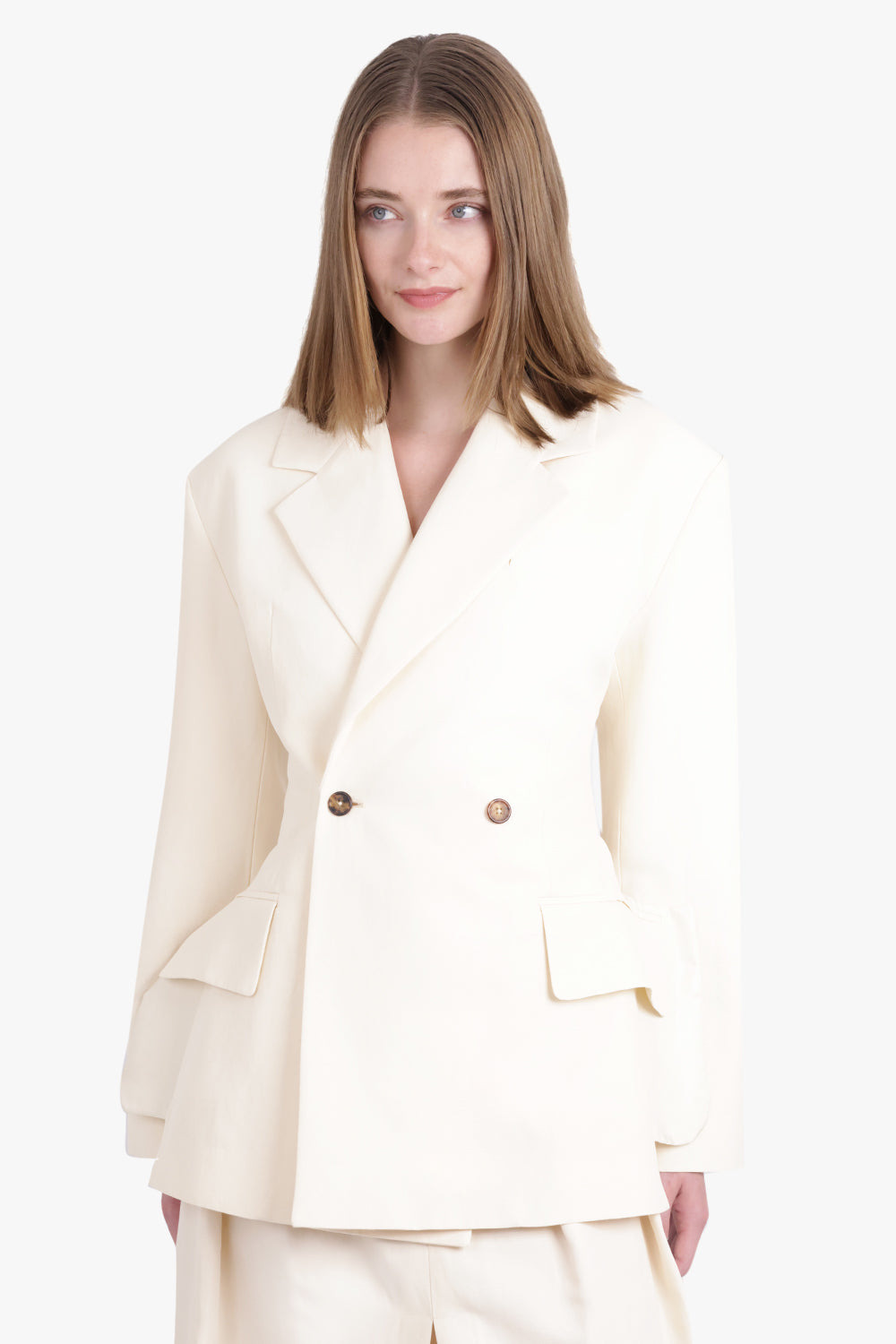 DOUBLE BREASTED CUTOUT TIE DETAIL JACKET | ECRU - 7
