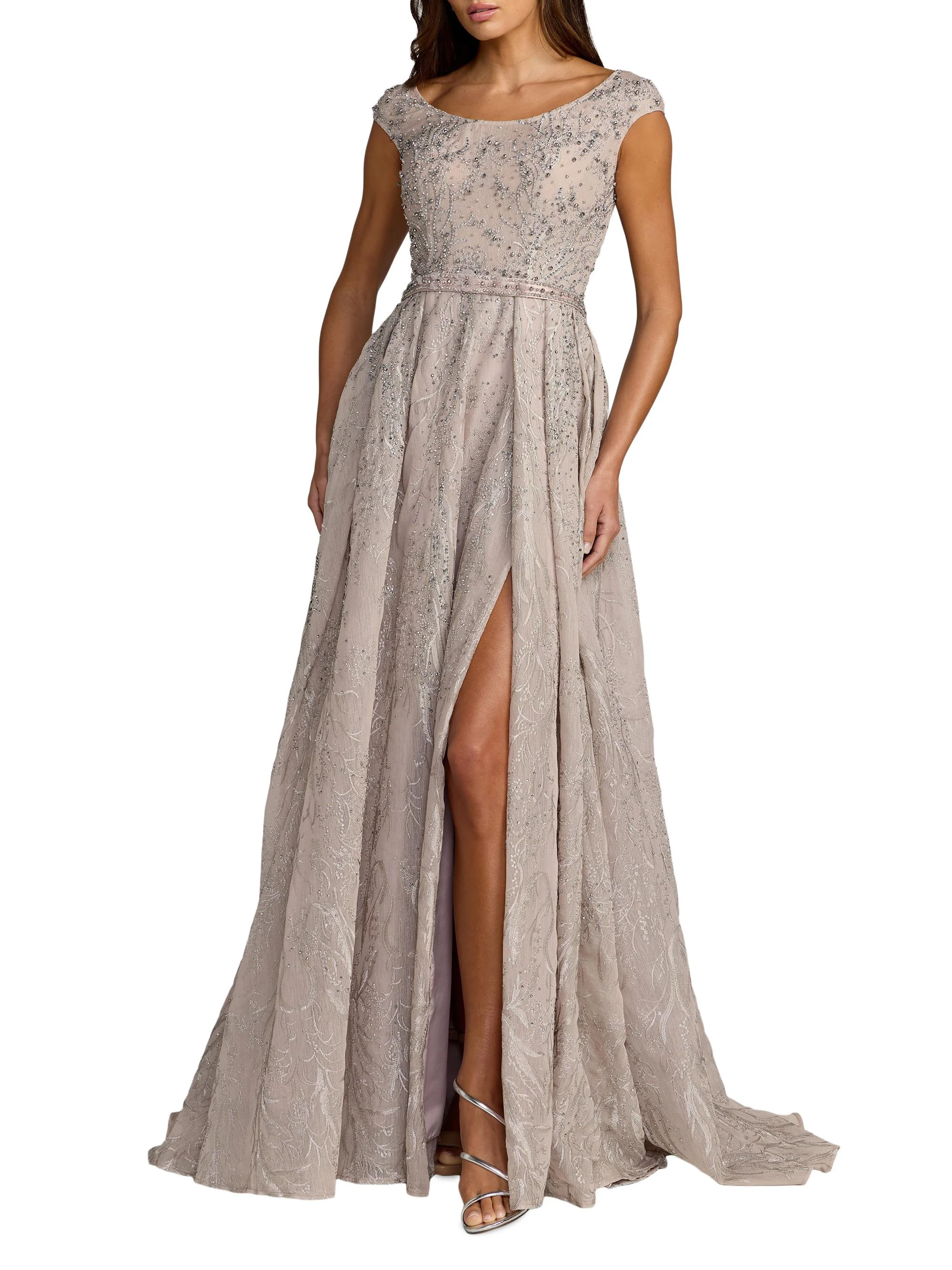 Women's Embellished Tulle Cap-Sleeve Gown - Taupe - 1