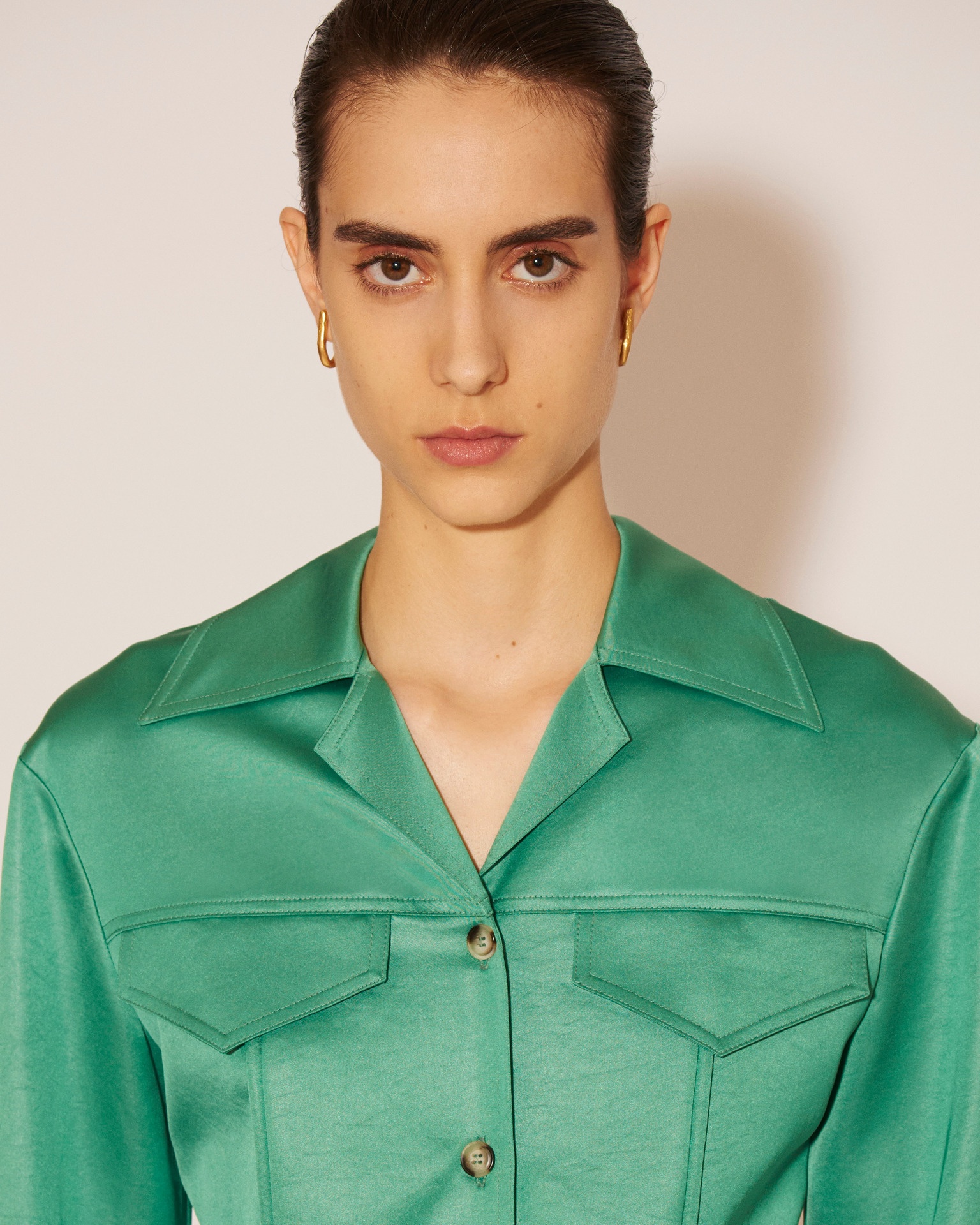 TOSCA - Glossy satin patch pocket shirt - Green - 5