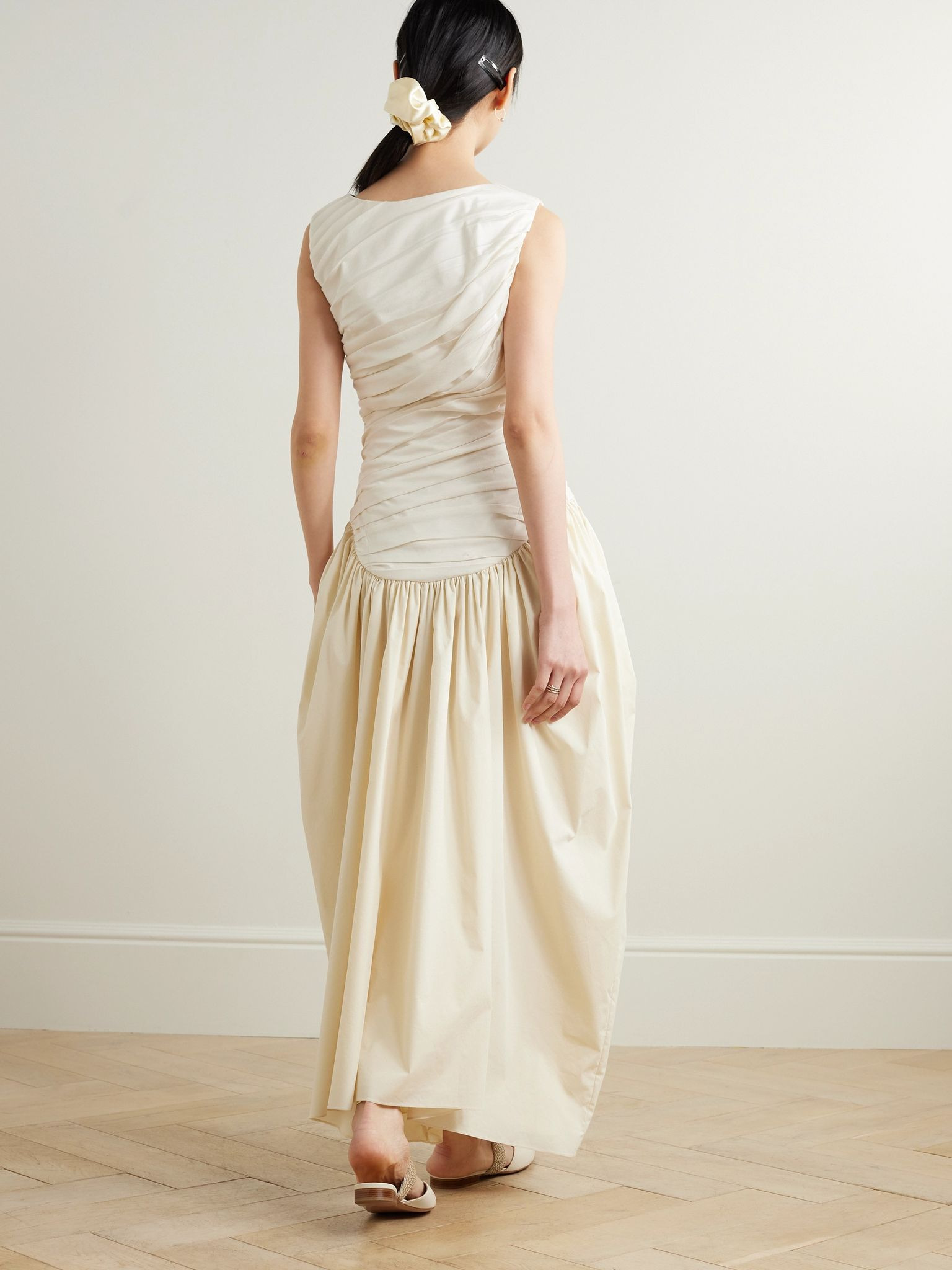 Ora gathered TENCEL™ Lyocell and cotton-blend poplin and jersey midi dress Cream - 3