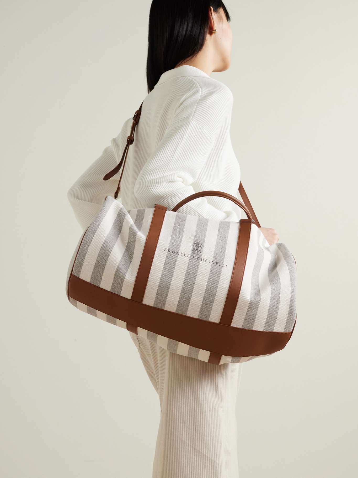 Leather-trimmed striped canvas duffel bag - 6