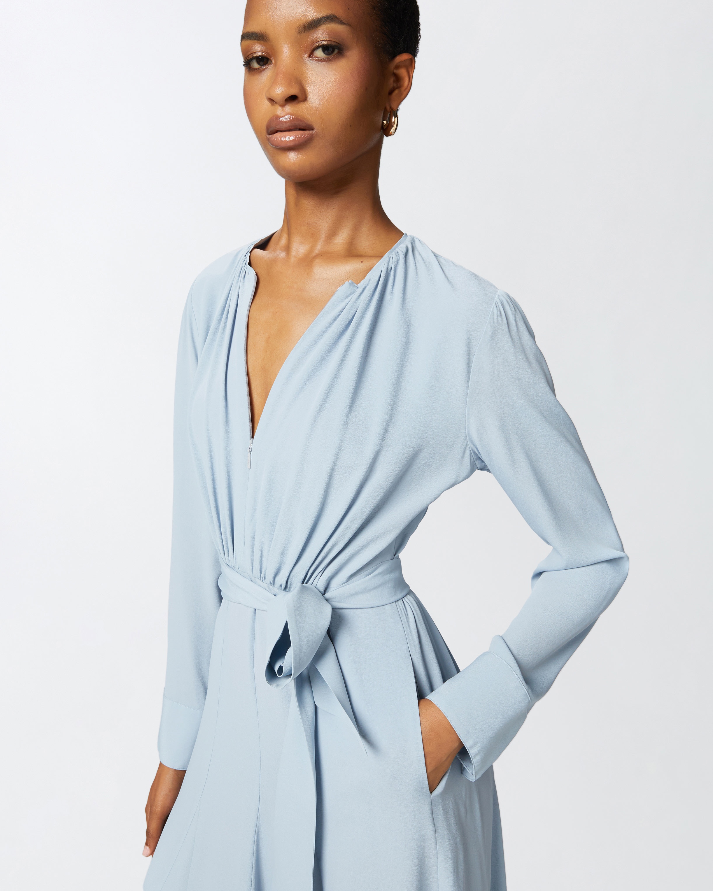 LONG SILK-BLEND DRESS WITH BELT AND LONG SLEEVES - 5