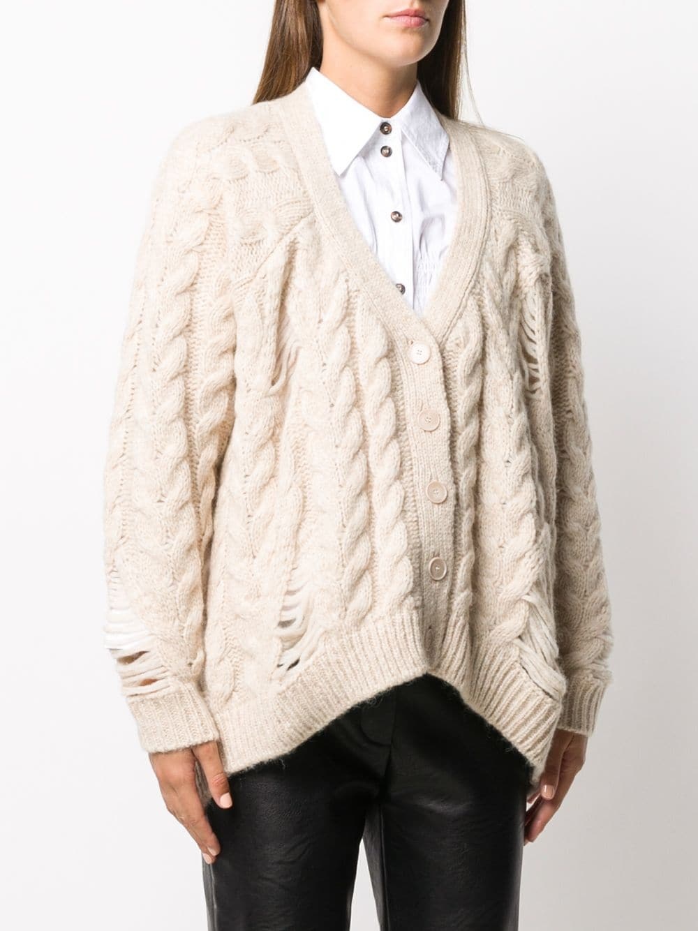 distressed-effect cable-knit cardigan - 3