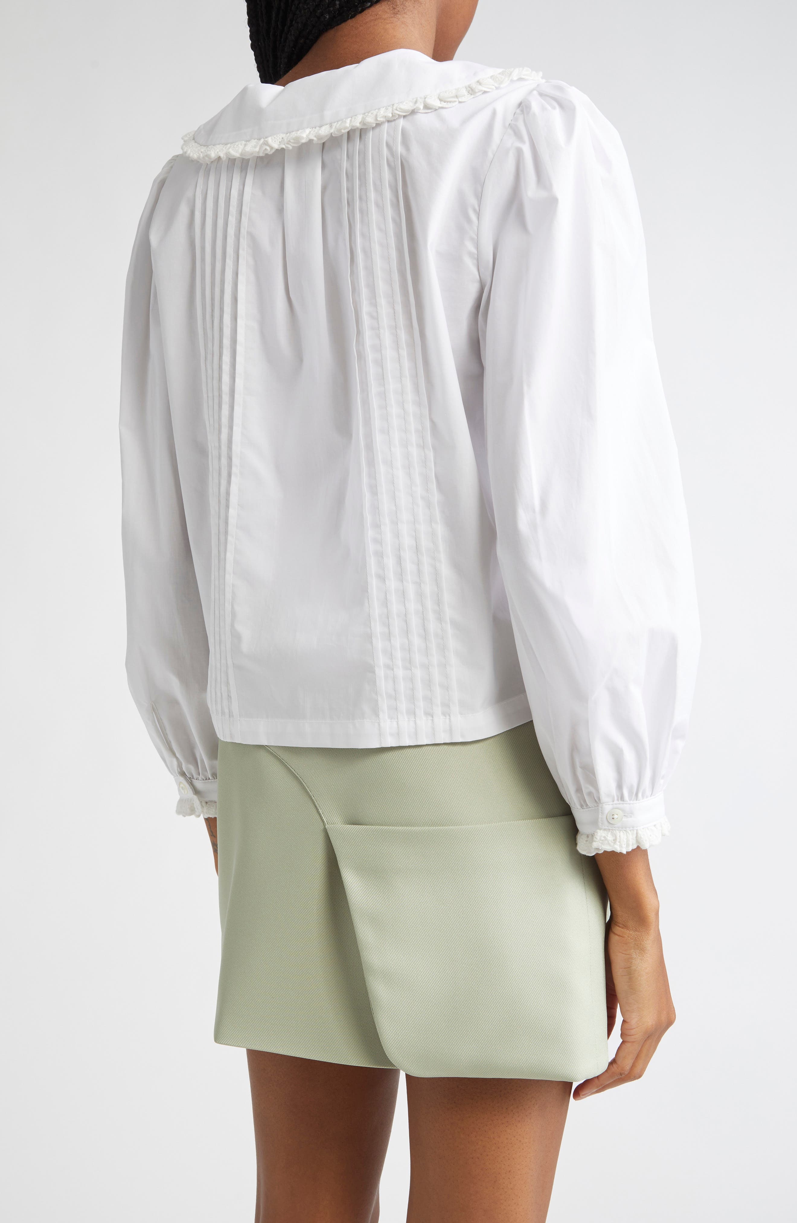 Sandy Liang Crayon Eyelet Trim Cotton Poplin Shirt in White at Nordstrom - 3