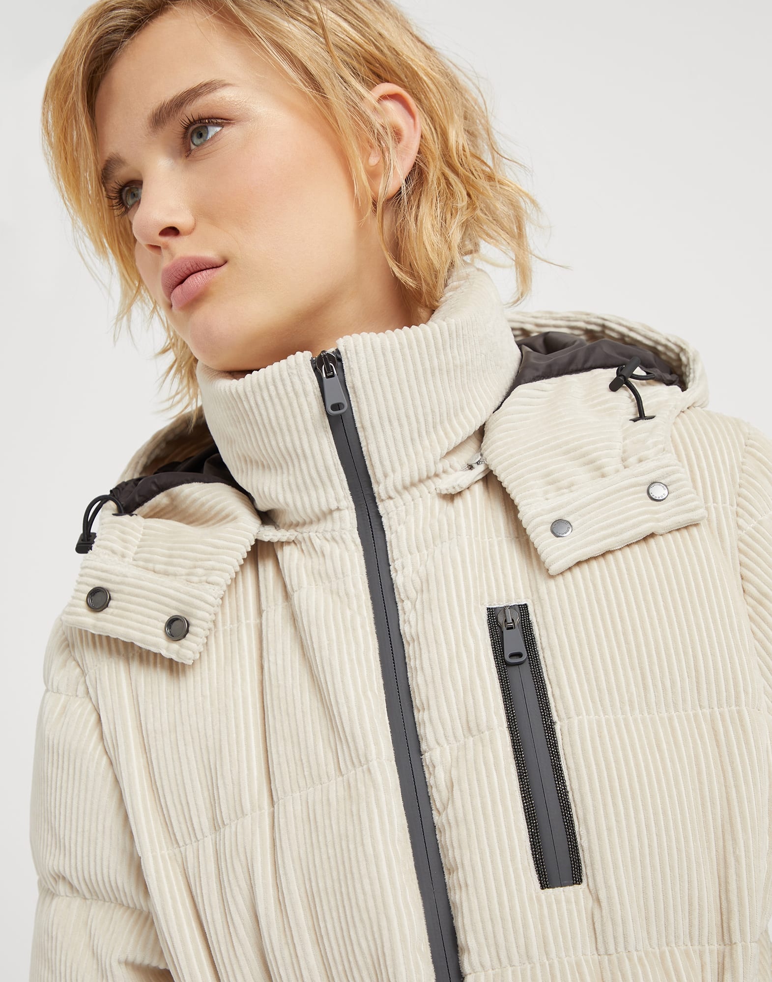 Bonded cotton corduroy mountain down jacket with detachable hood and precious zip detail - 3