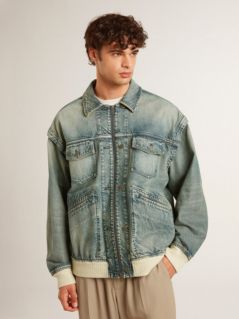 Golden Goose Men's washed denim jacket with wool blend ribbing outlook