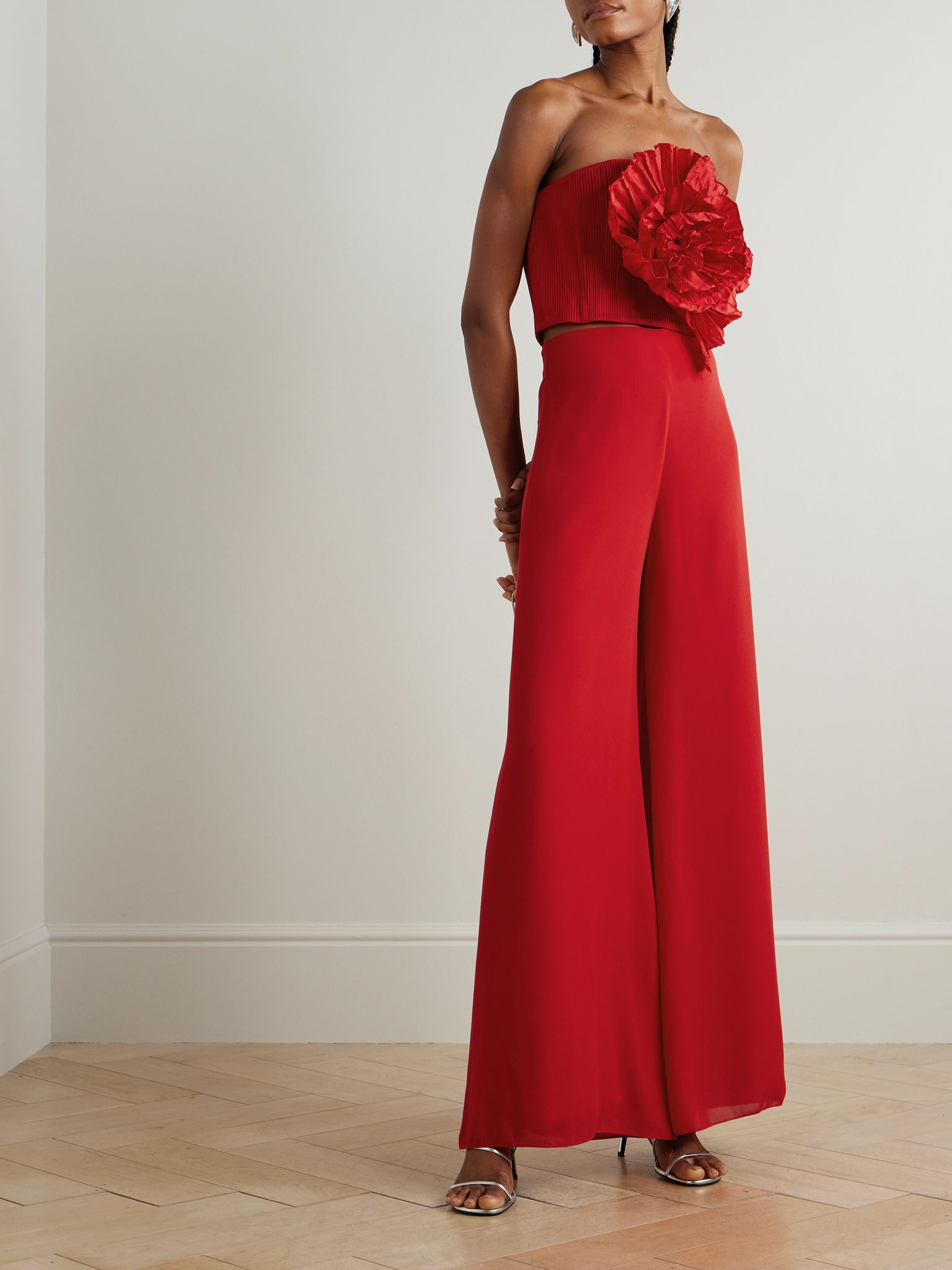 No Me Olvides appliquéd pleated taffeta top Red - 2