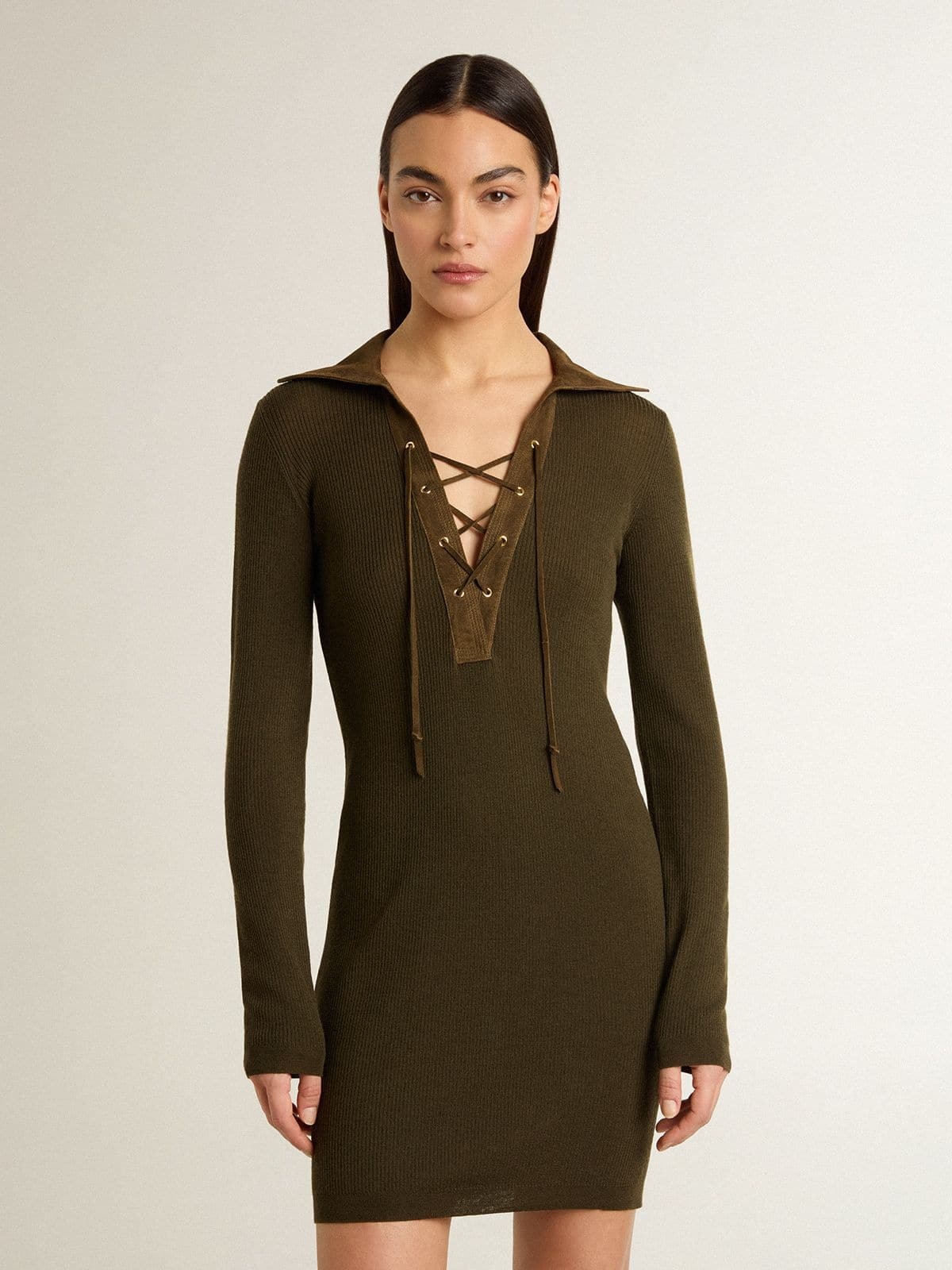 Military green wool mini dress with leather details - 2