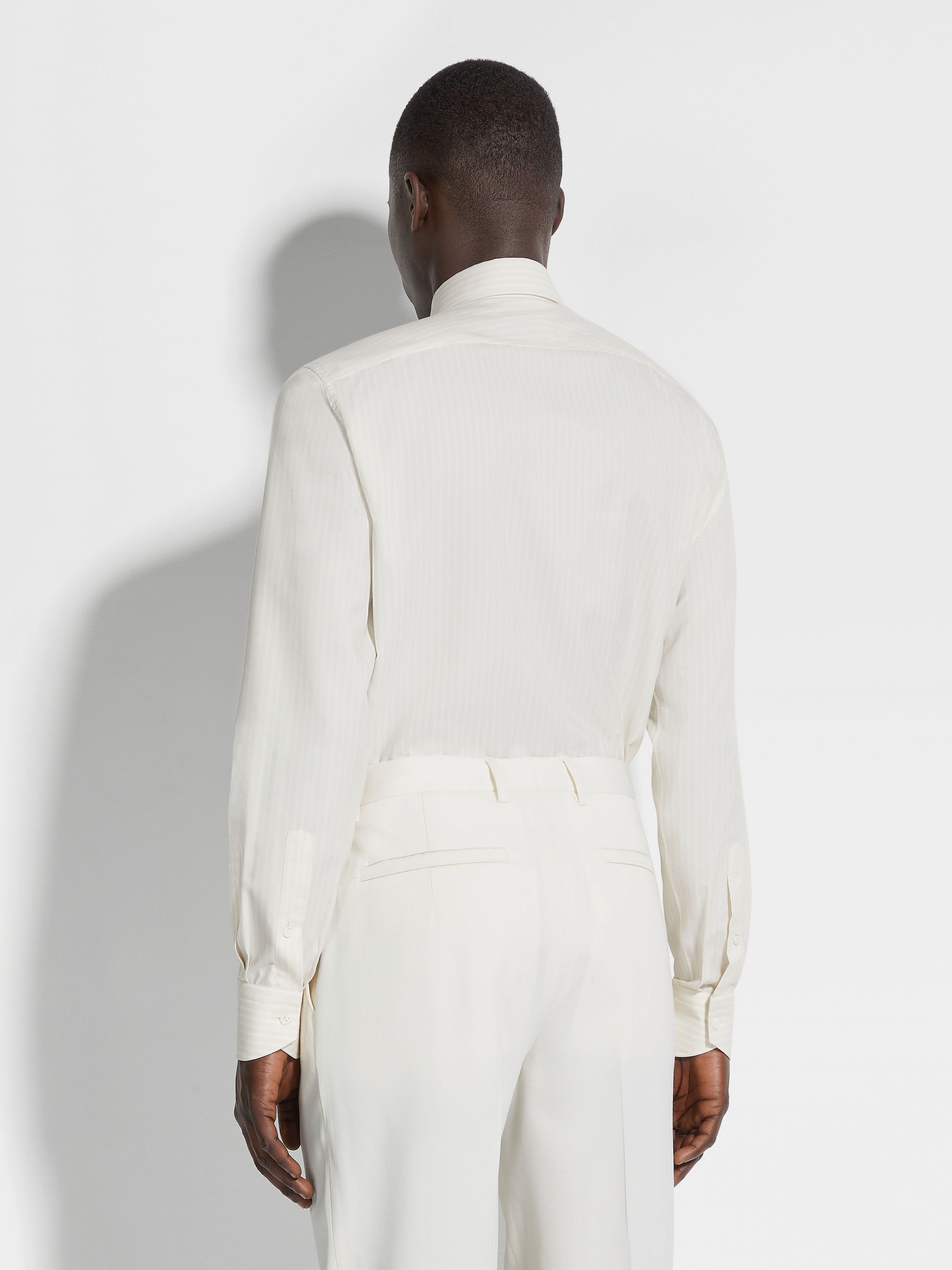 WHITE AND LIGHT BEIGE MACRO-STRIPED SILK COTTON AND CASHMERE SHIRT - 4