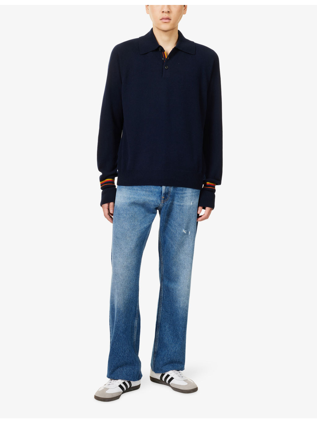 Striped-Cuffs Regular-Fit Cashmere Polo Shirt - 2