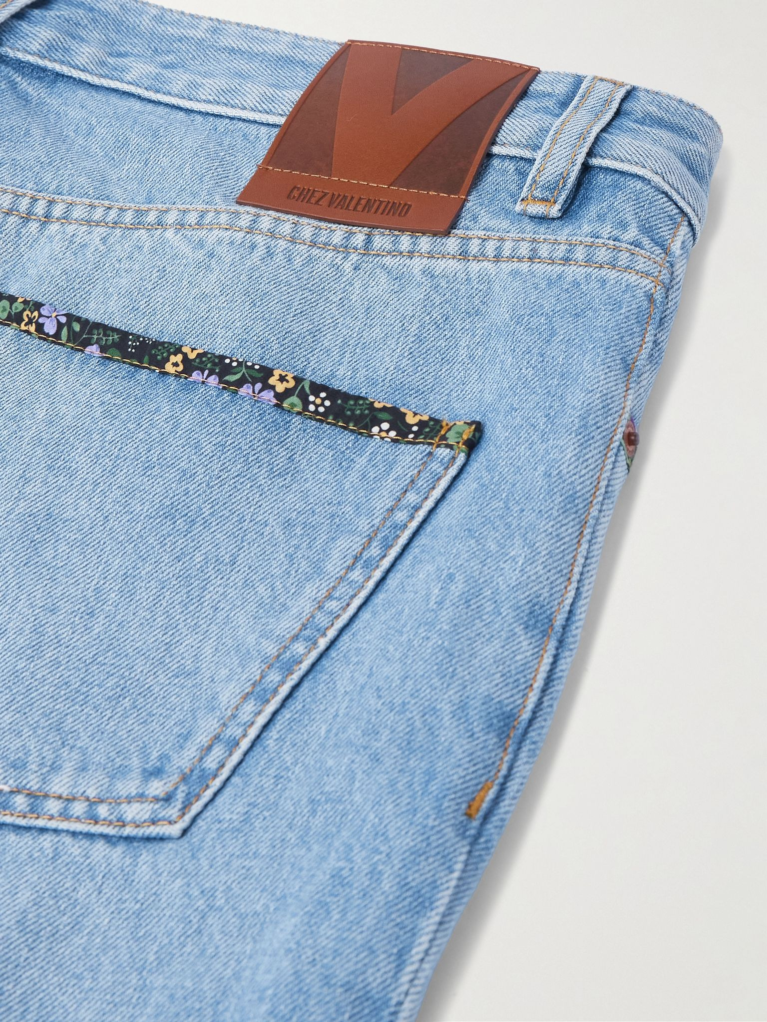 Straight-Leg Floral-Trimmed Jeans Blue - 5