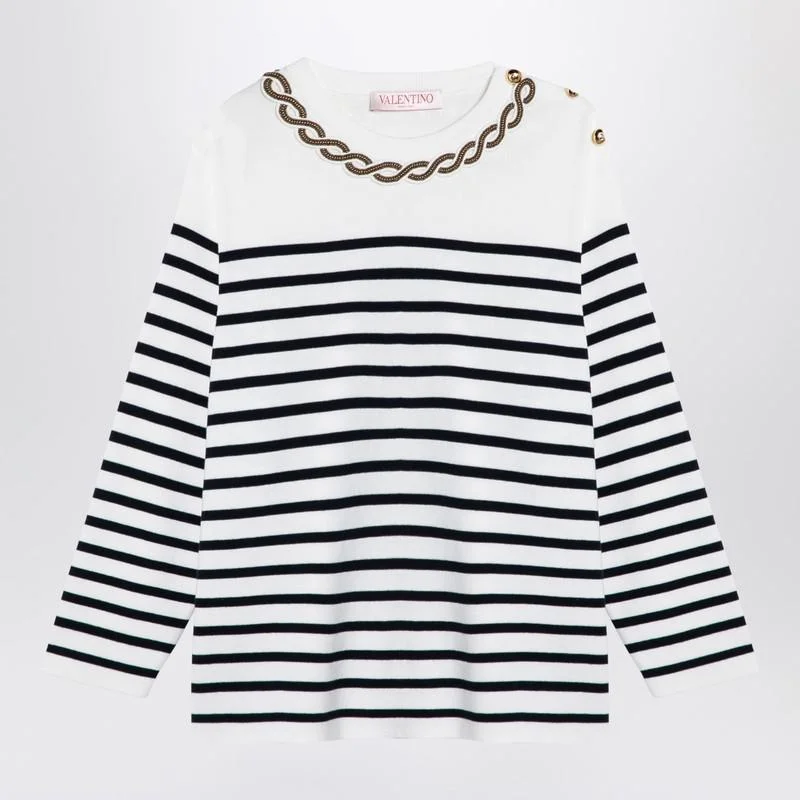 Valentino Ivory/Navy Striped Jersey With Embroidery - 1