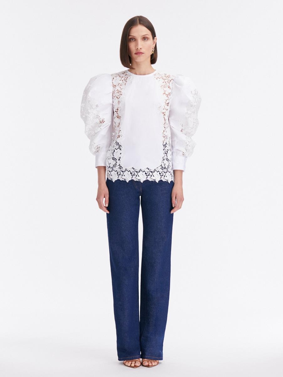 PUFF SLEEVE GARDENIA GUIPURE COTTON BLOUSE - 2