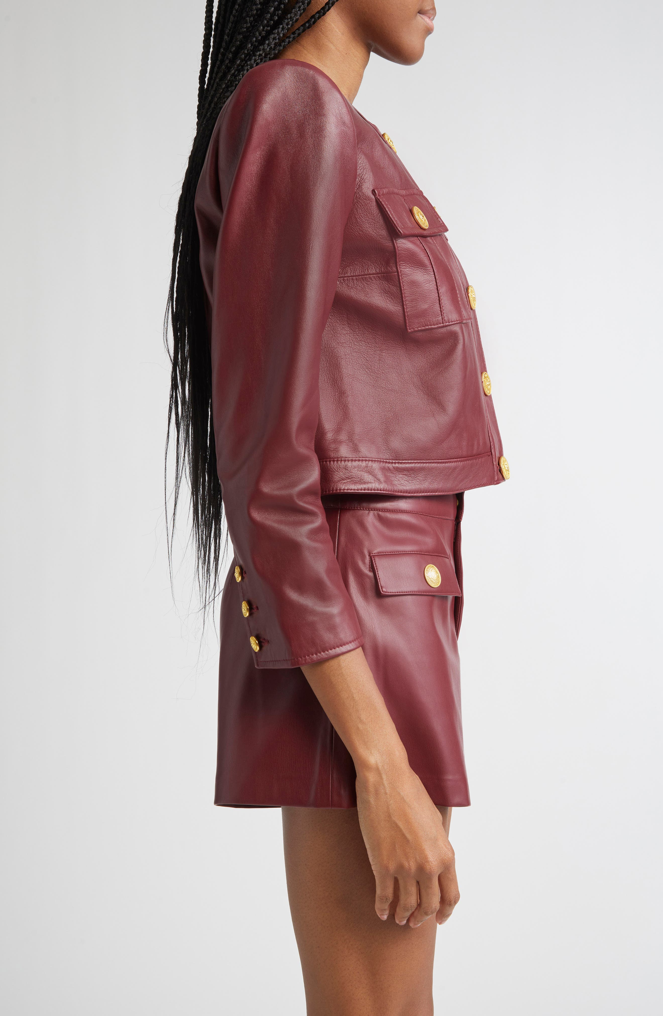 L'AGENCE Deidra Lambskin Leather Crop Jacket in Black Cherry at Nordstrom - 4
