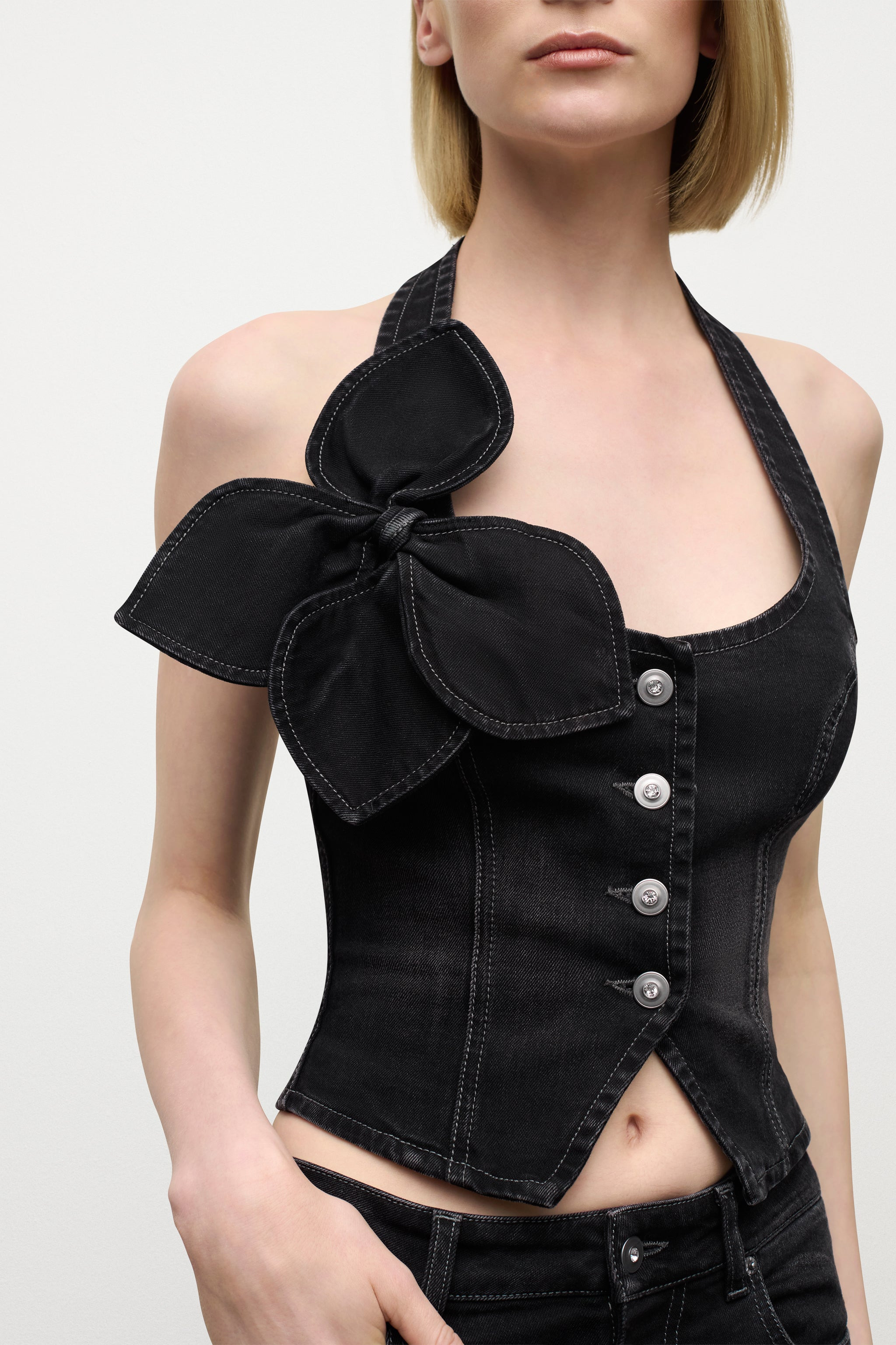DENIM BOW HALTER TOP - 5