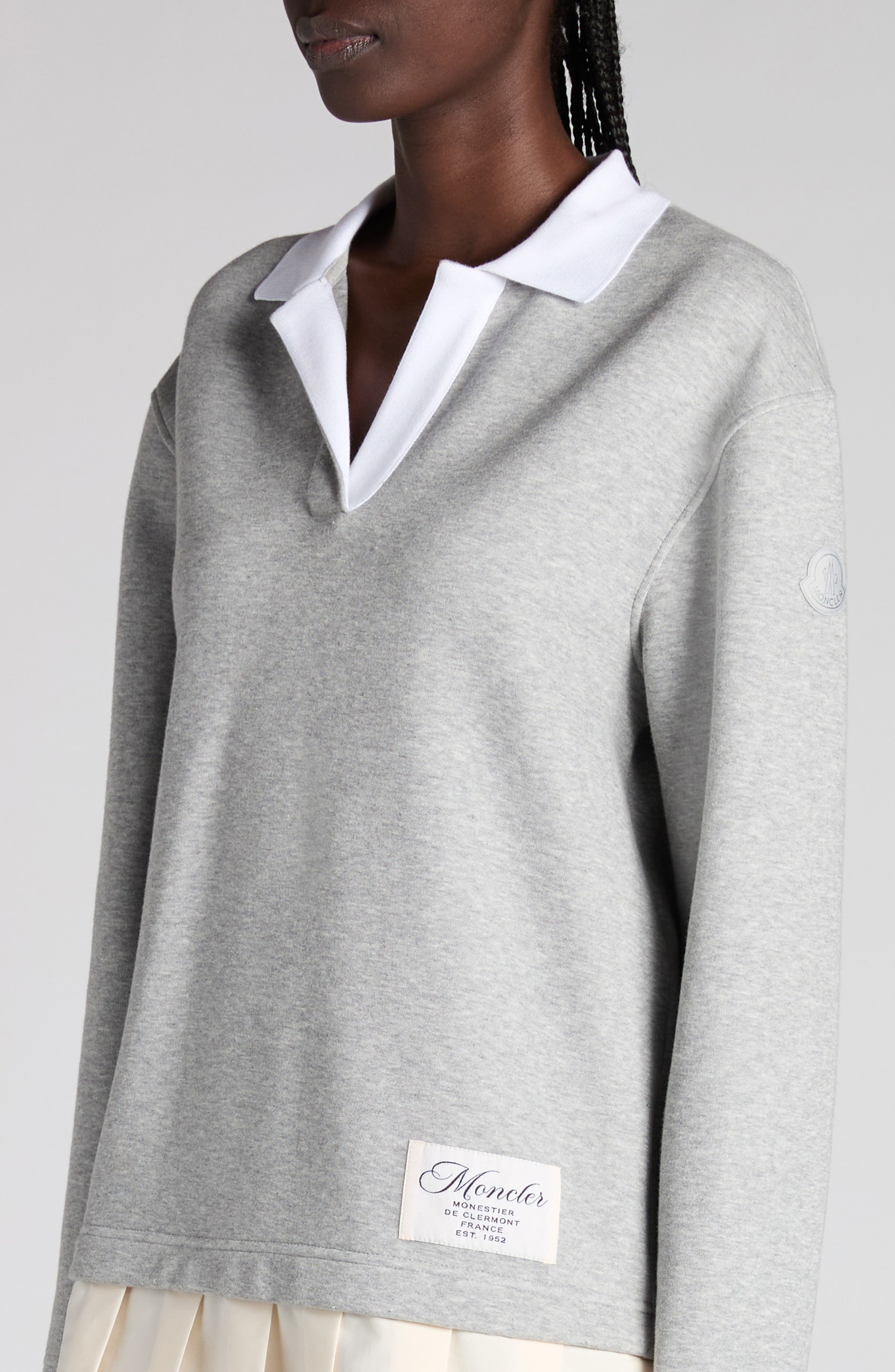 Moncler Long Sleeve Mixed Media Polo Dress in Light Gray Melange at Nordstrom - 4