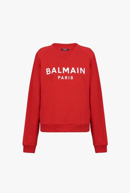 Red eco-designed cotton sweatshirt with white Balmain logo print - 1