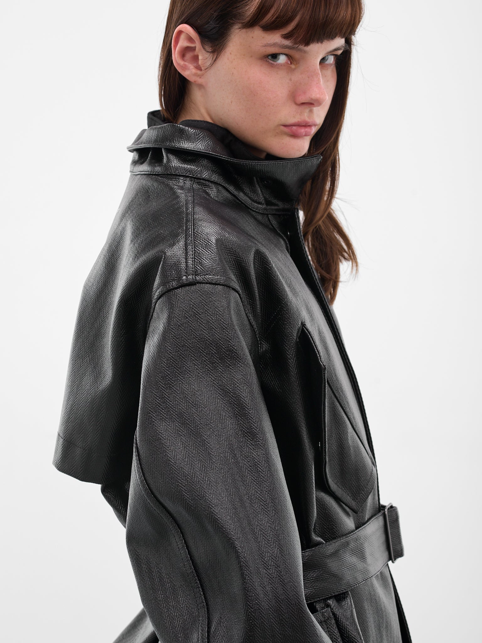 Black Laminated Cotton Belted Jacket - 4