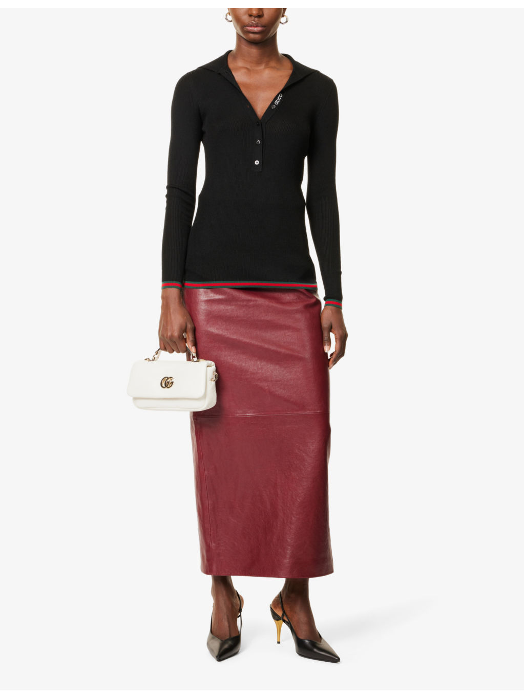 Polo-collar striped-trim cashmere-silk blend knit top - 2
