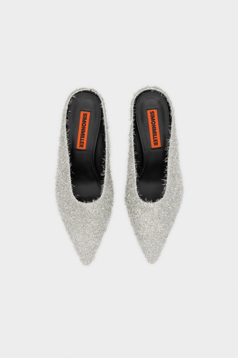 SIMONMILLER Tinsel Pointed Gala Mule In Silver outlook