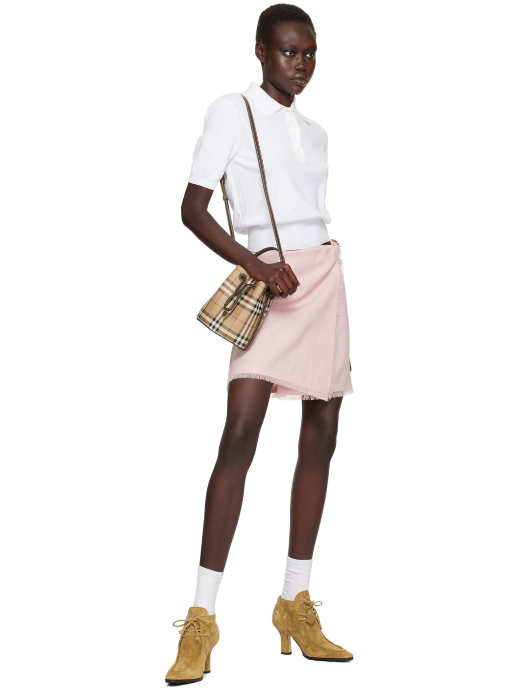 Beige Mini Check Bucket Bag - 4