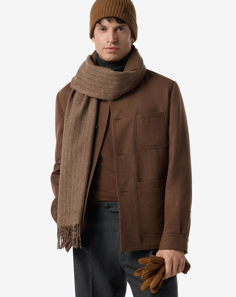 CORNELIANI Pinstripe brown wool and cashmere scarf outlook