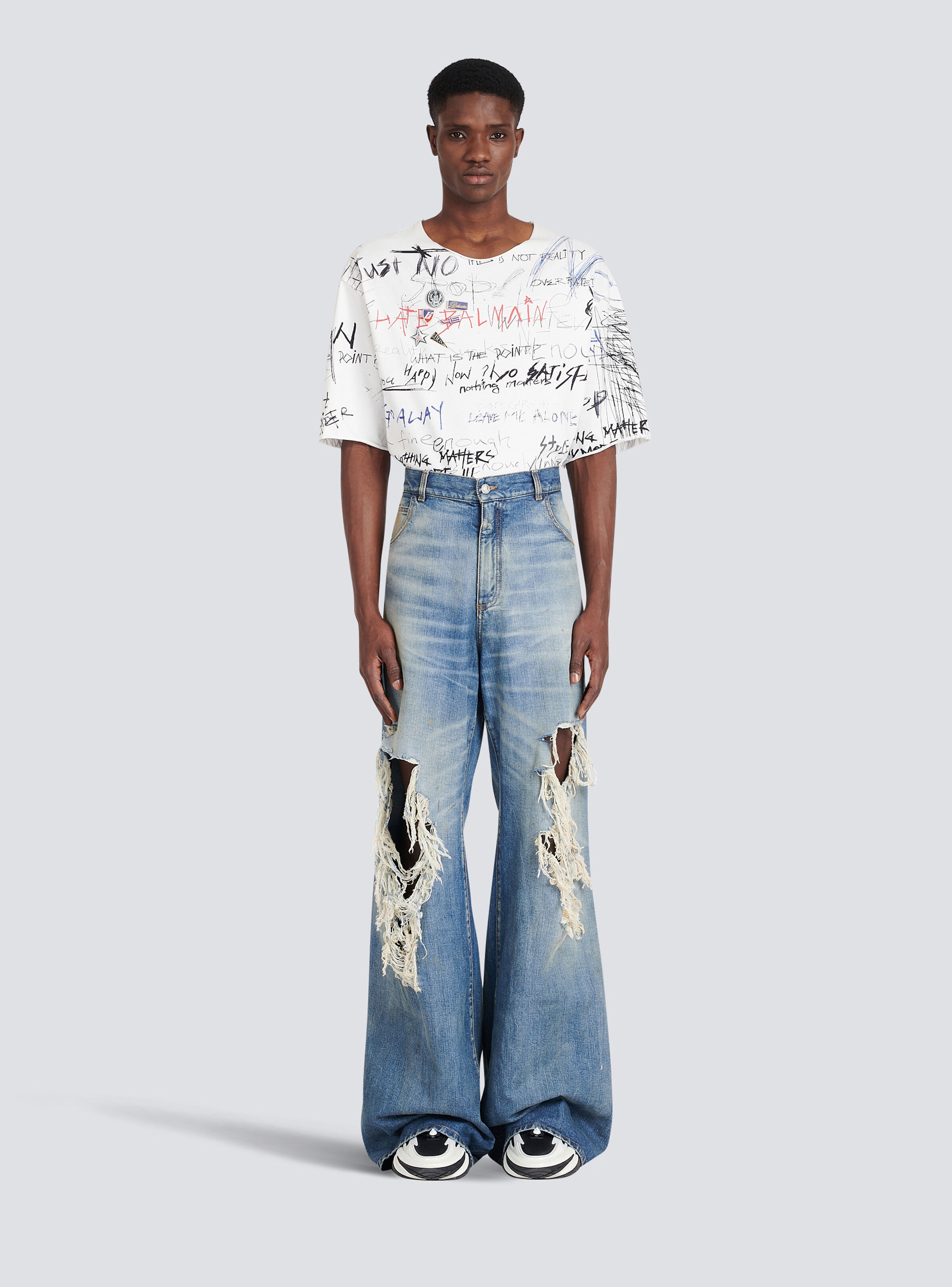 Wide-legged ripped cotton jeans - 3