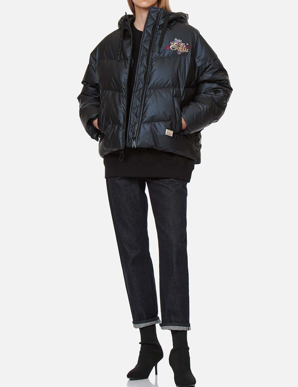 Logo and Chrysanthemum Motif Embroidered Down Jacket - 5