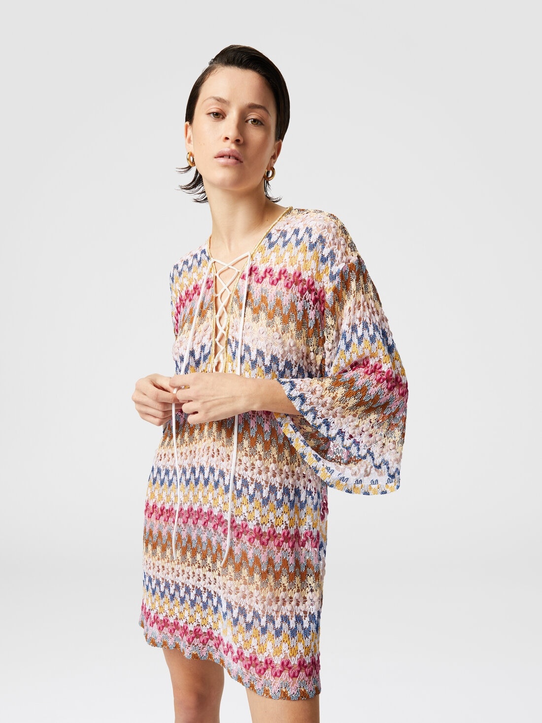 Short cover-up caftan in lamé viscose lace - 4