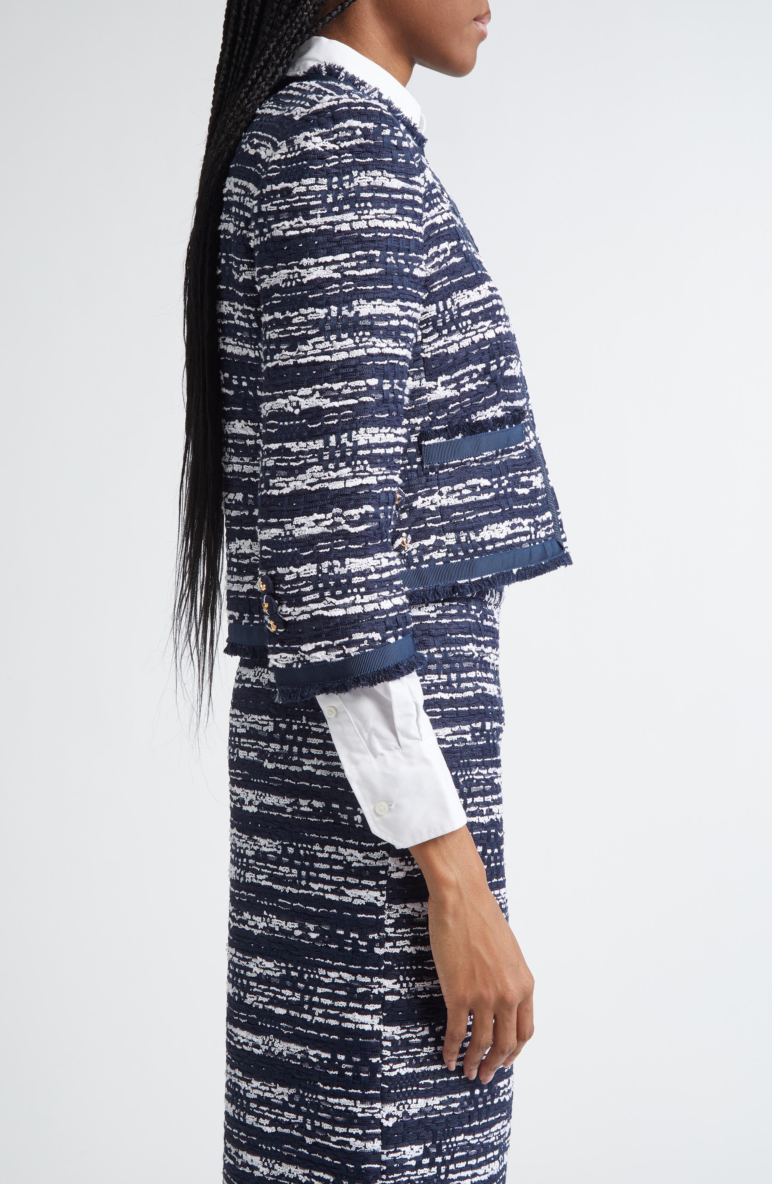 Thom Browne Drop Back Mélange Tulle Yarn Tweed Crop Cardigan Jacket in Navy at Nordstrom - 4
