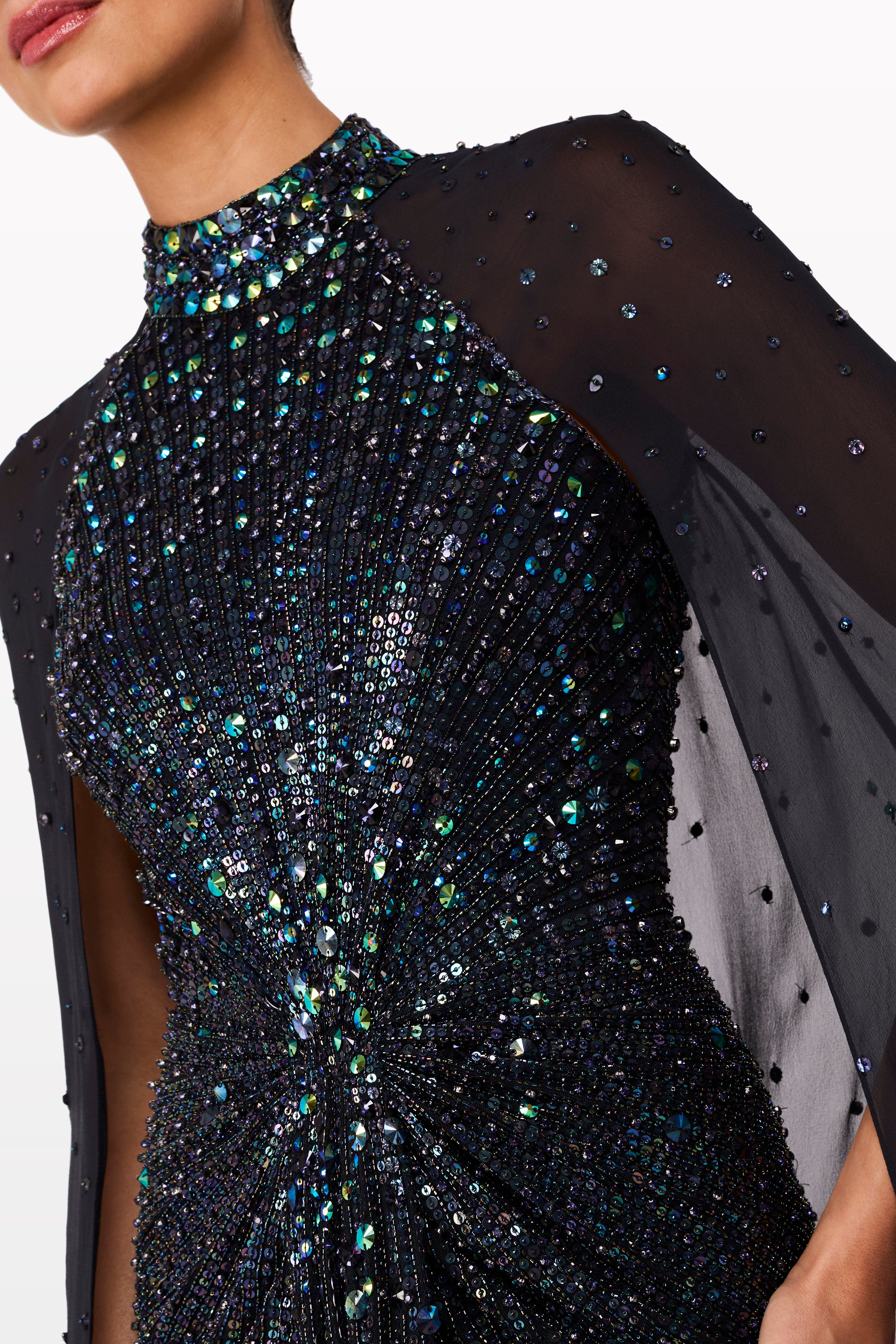 Jenny Packham Thea Embellished Cape Maxi Dress in Ink at Nordstrom - 4